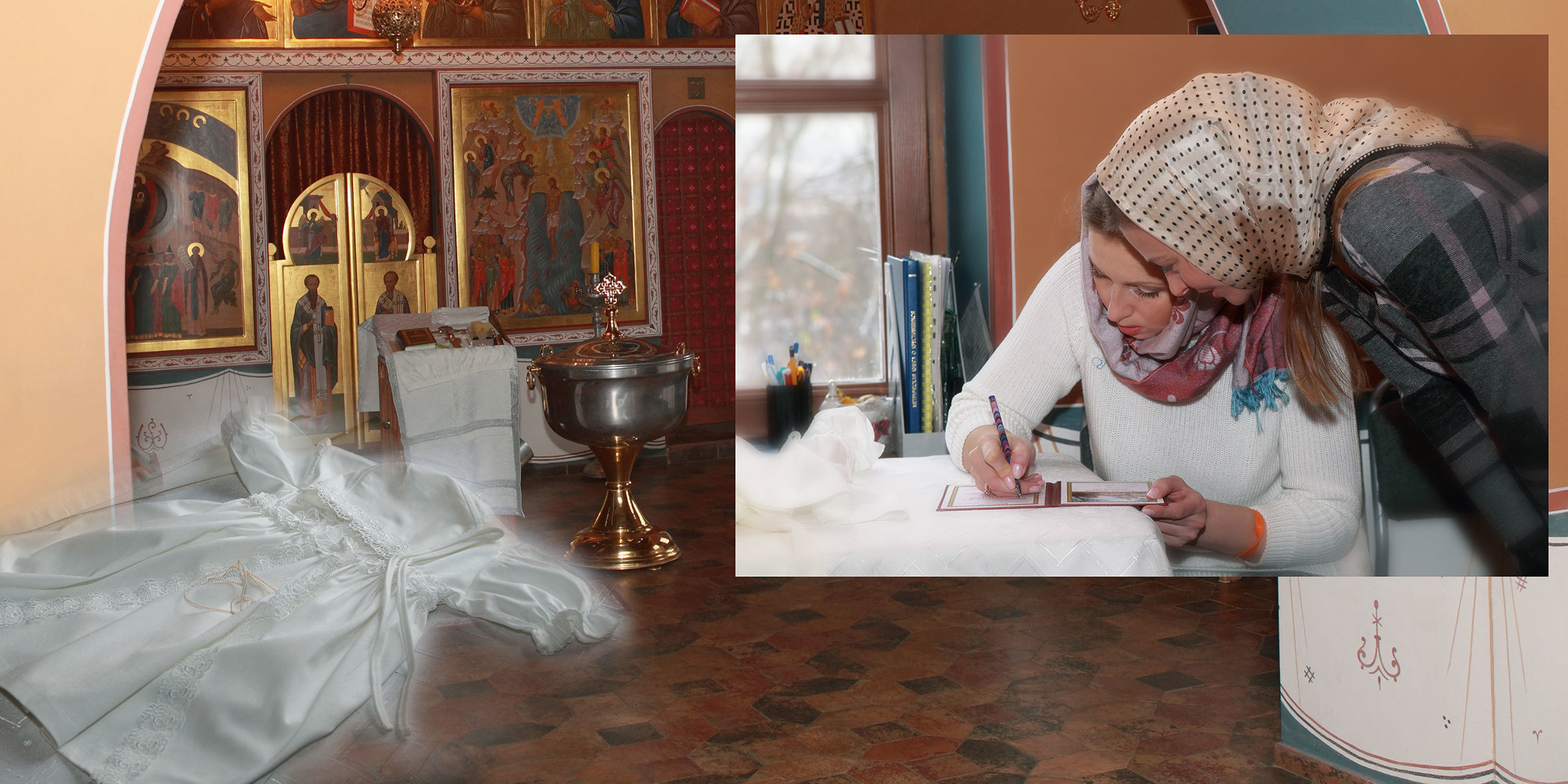 Съемка обряда крещения запечатлена в фотокниге. Детский, семейный и портретный фотограф в Москве Марина Смрига