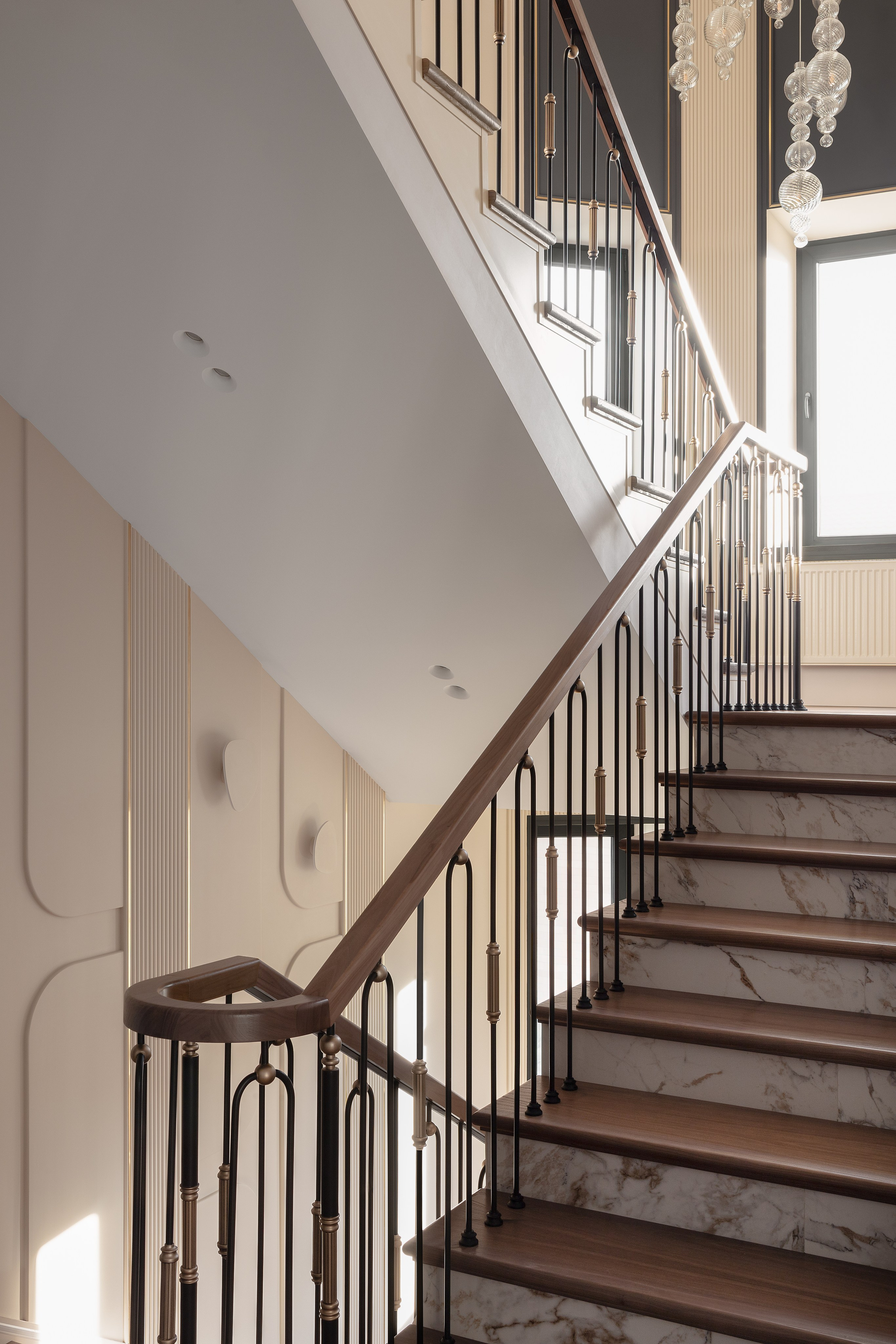 интерьерная фотография, дизайн интерьера, лестница в коттедже Астана