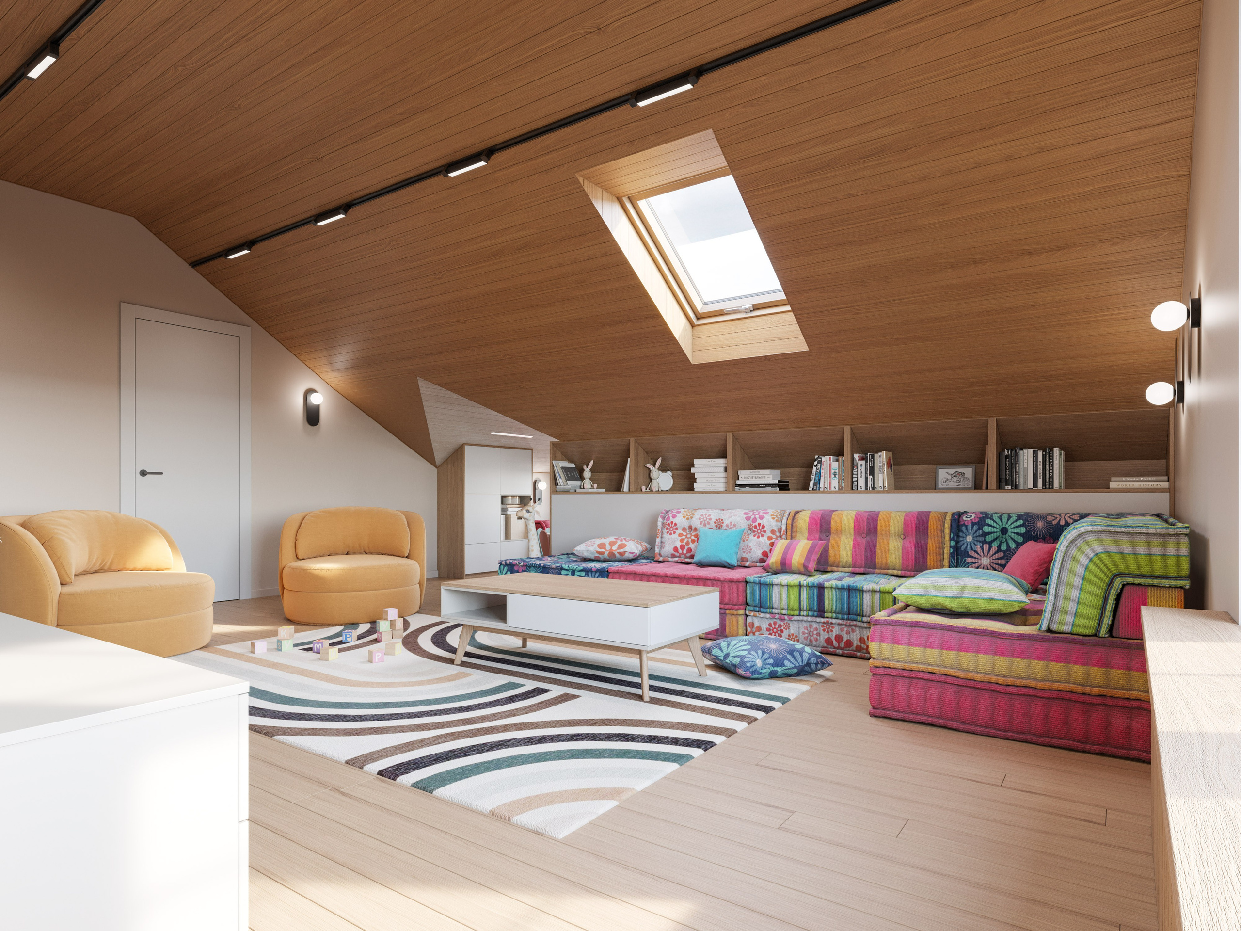 Визуализация комнаты отдыха с мансардным окном и деревянным потолком