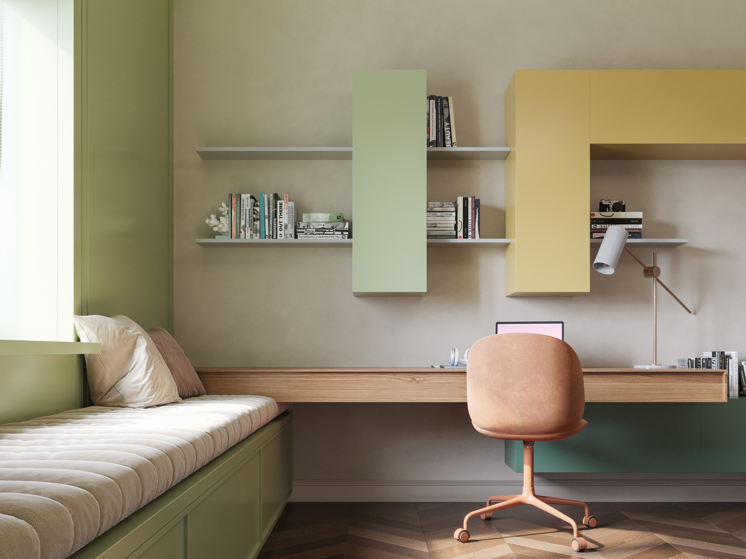 Учебная зона в детской: эргономичный письменный стол, полки для учебников и вращающееся кресло