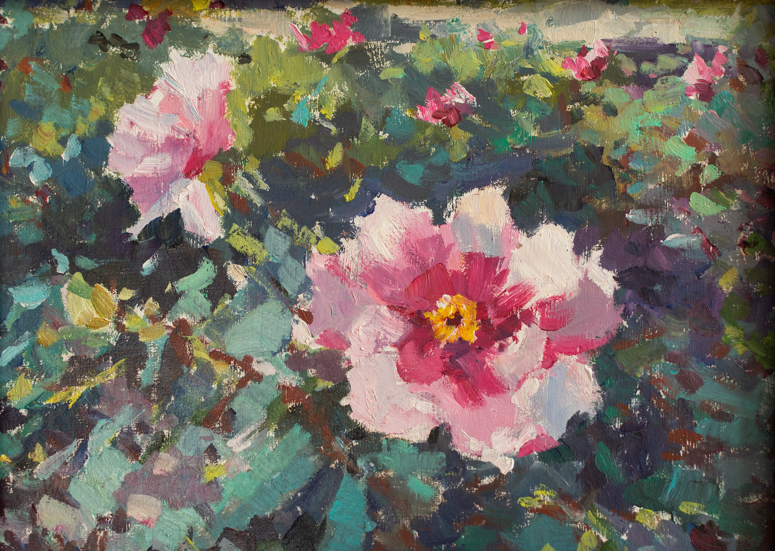 "В пионовом саду" оргалит, масло 17.5х24см, 2024