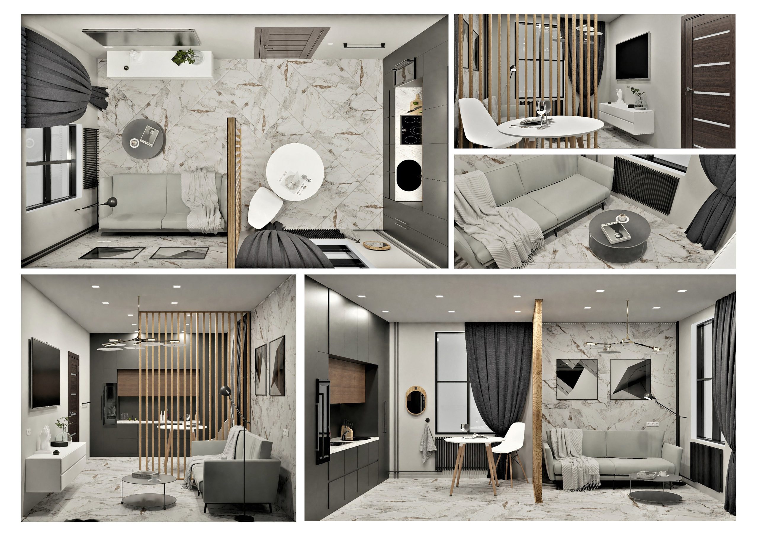 Коллаж 3d визуализации квартиры, по дизайн проекту. Выполнен в серых оттенках.