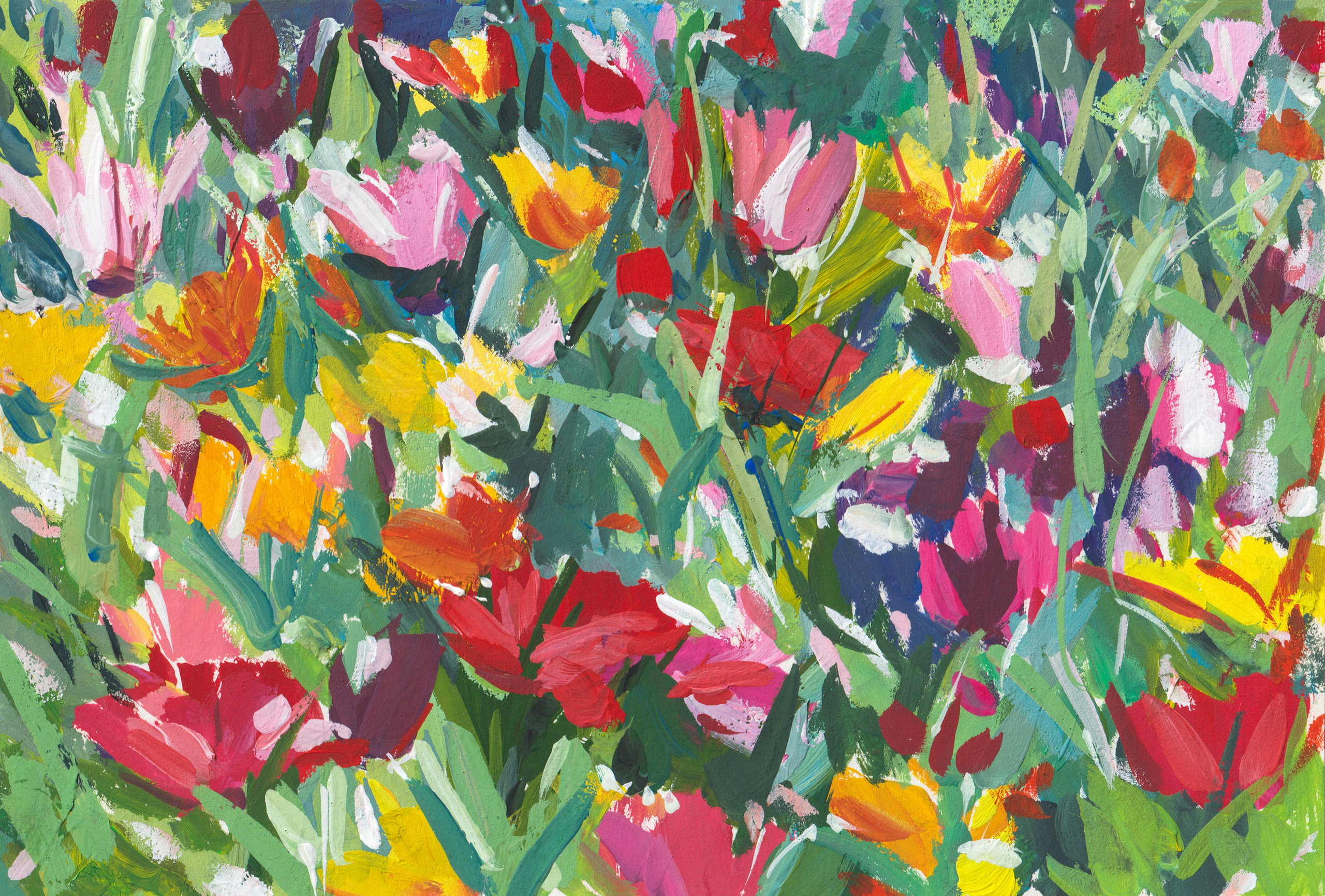 "Поляна разноцветных тюльпанов" бумага, гуашь 14х17см, 2024