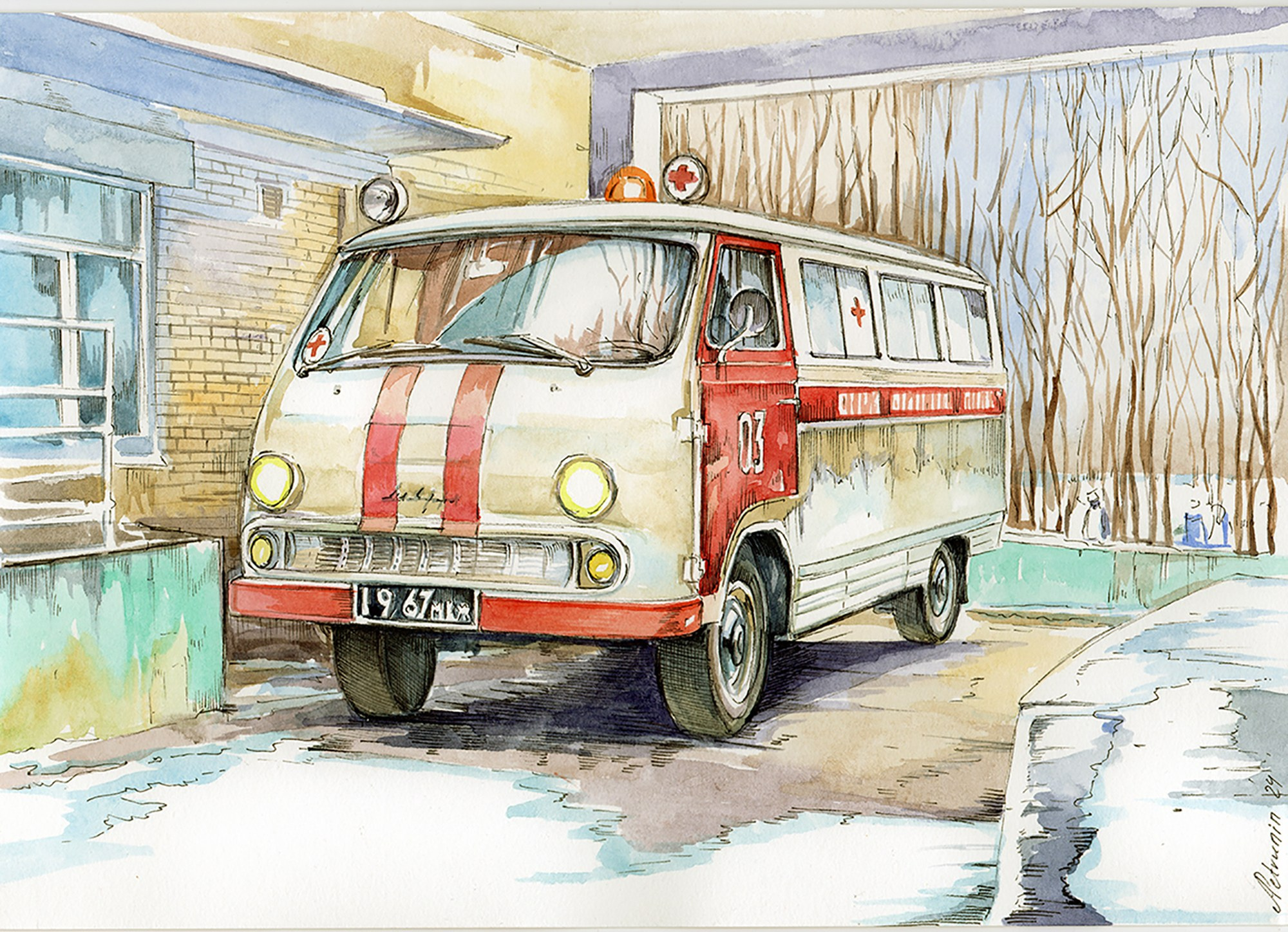 Автомобили скорой медицинской помощи (СМП). Художник Александр Петрунин