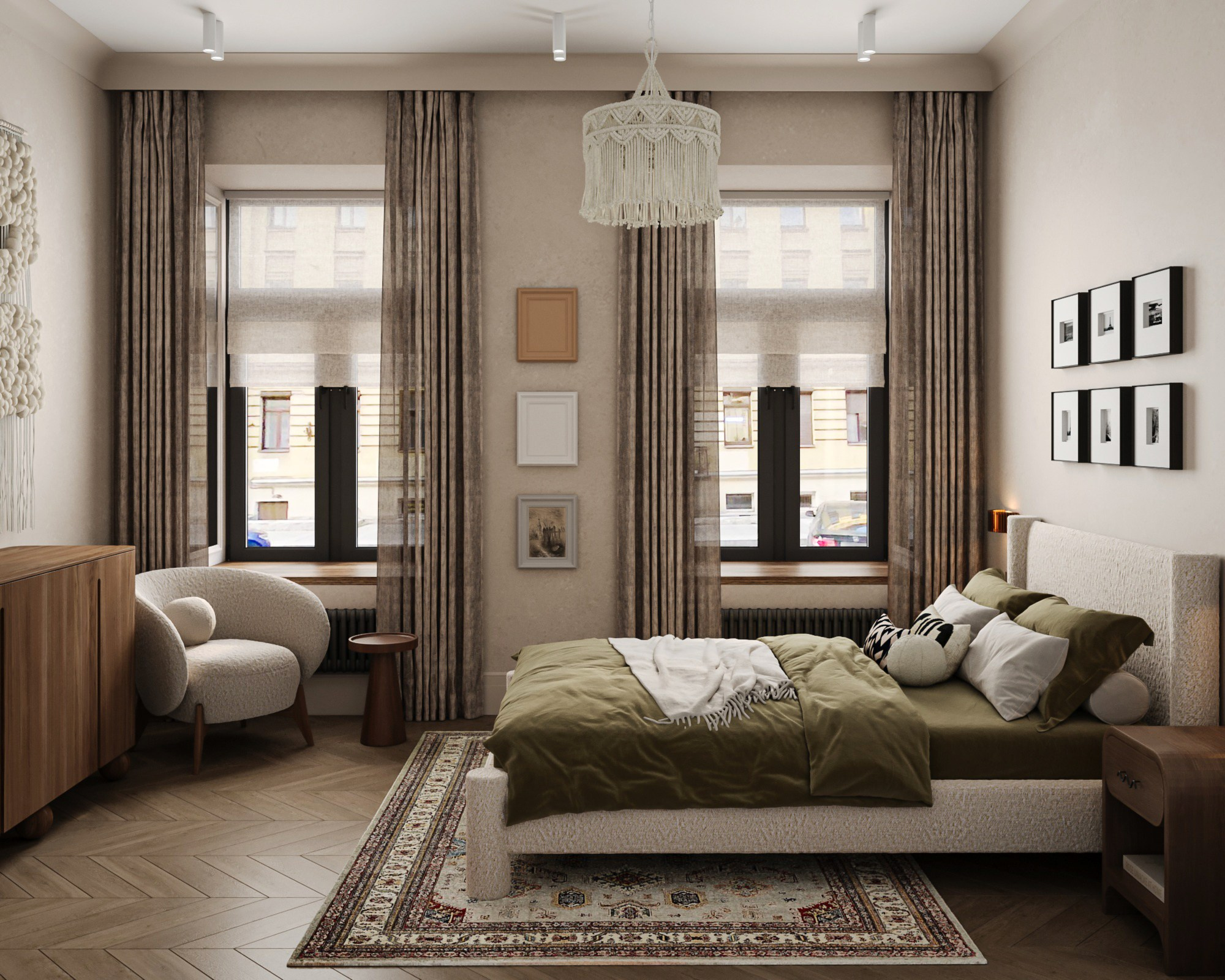 винтажный интерьер спальни с мягким текстилем и фактурами