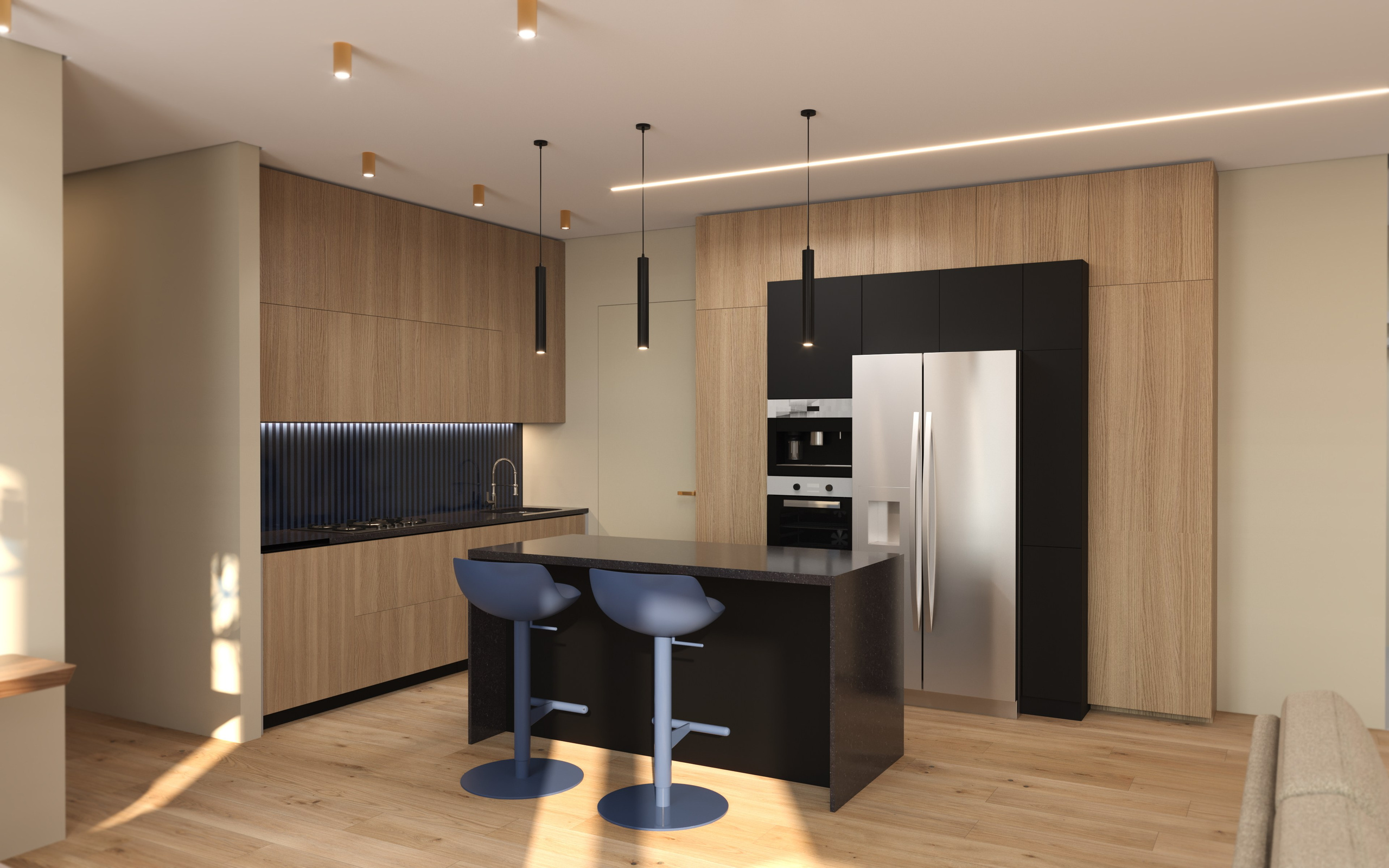 Зона кухни и кухонный остров с барными стульями и современными светильниками 