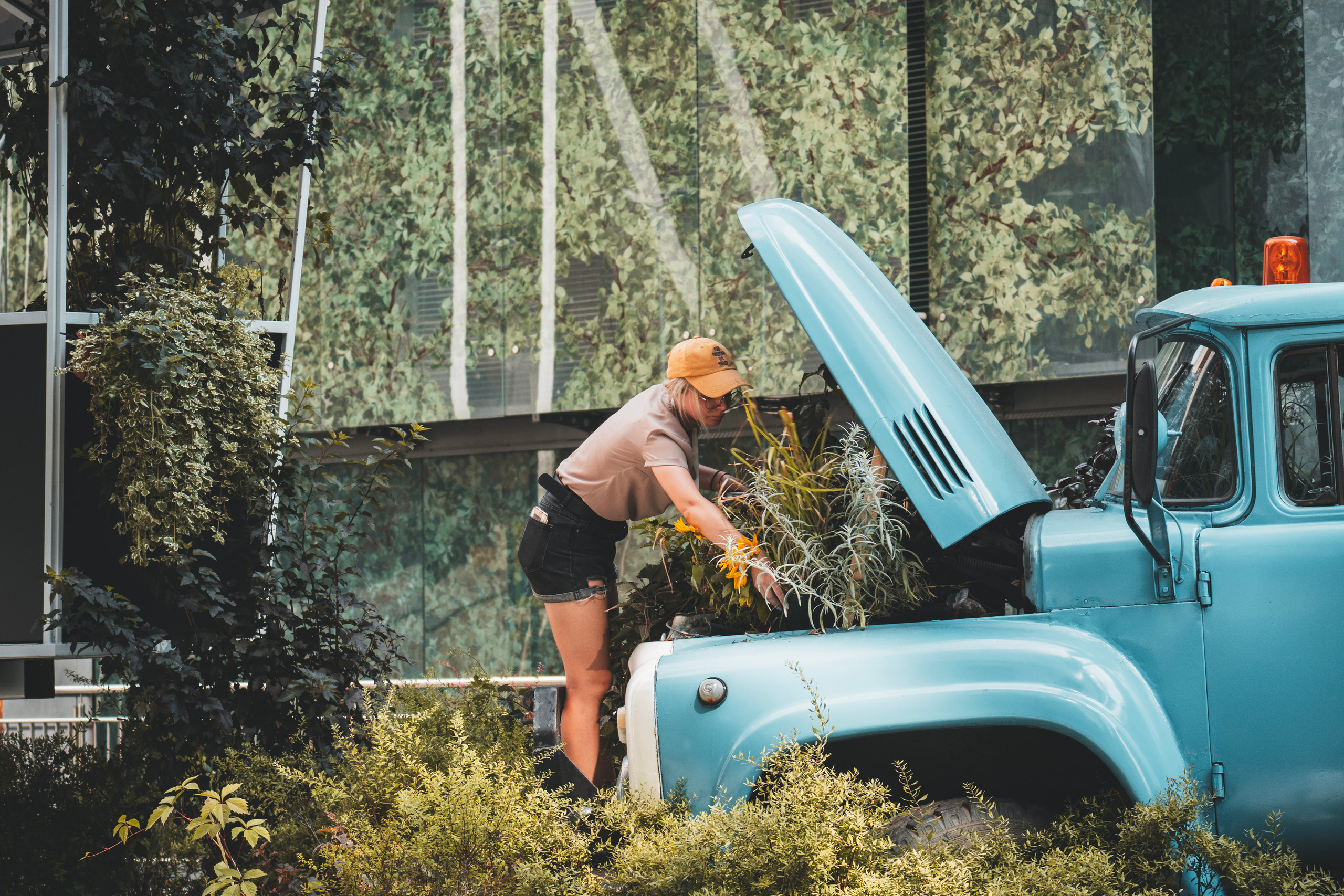 Девушка ухаживает за растениями под капотом грузовика в Москва-Сити