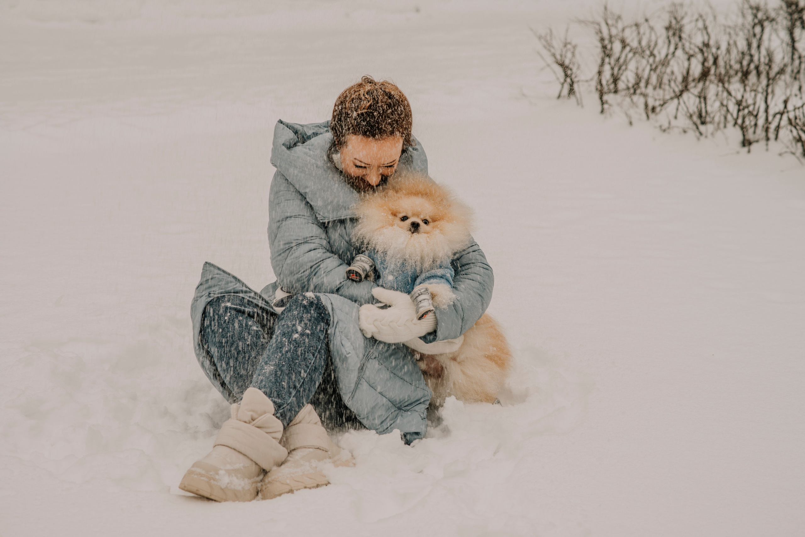 Девушка сидит на снегу и обнимает собаку шпица, на них падает снег