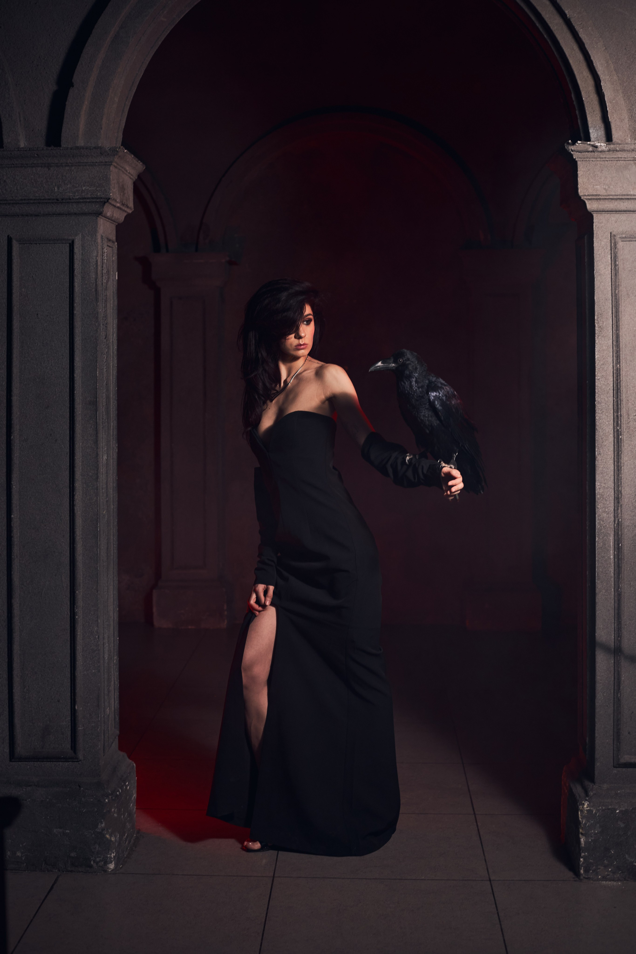Девушка в черном платье стоит в арке между двух колонн в соборе и держит в руках черного ворона
