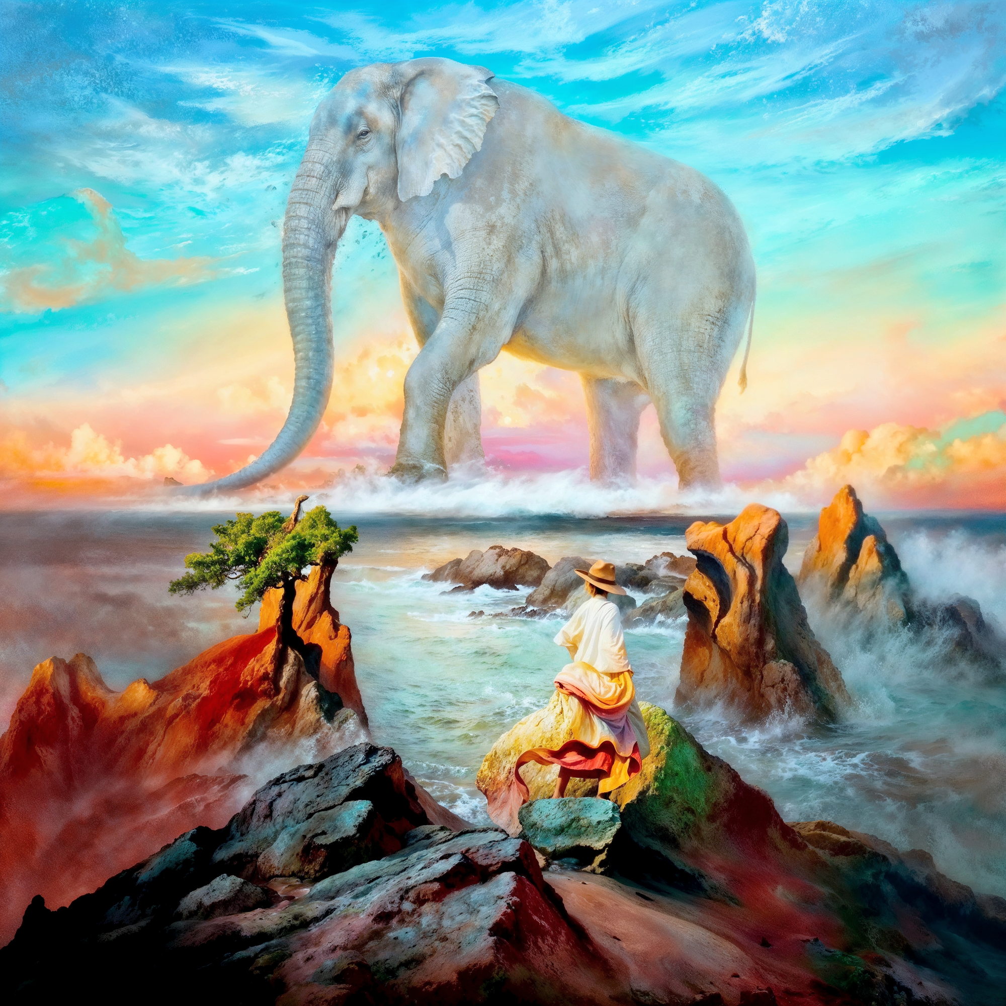 Белый слон, встроенный в пейзаж заката с морем и скалами, создающий оптическую иллюзию. Женская фигура наблюдает за ним, сцена вдохновлена творчеством Олега Шупляка.