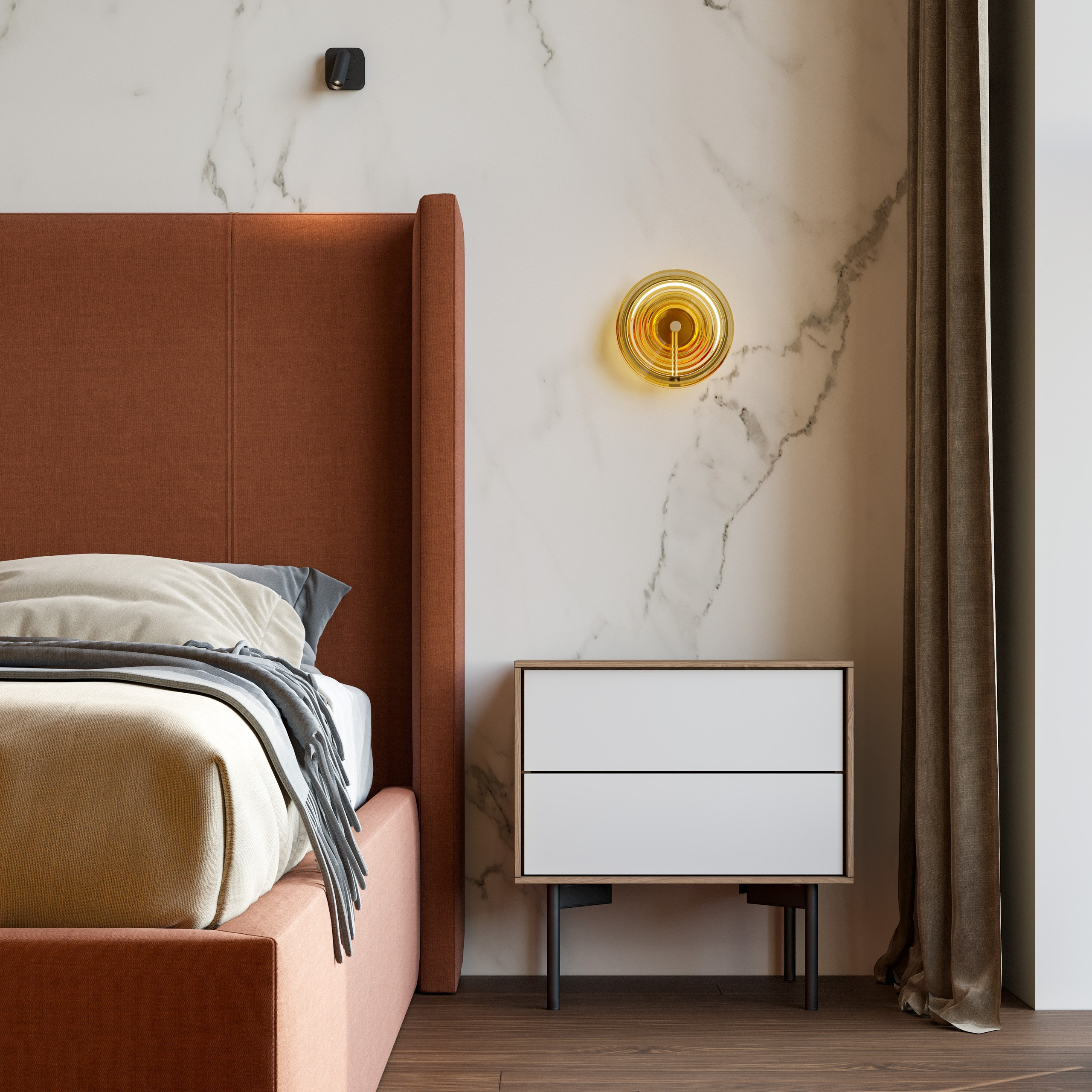 Спальня с панорамным окном и кроватью с мягким изголовьем в стиле минимализм