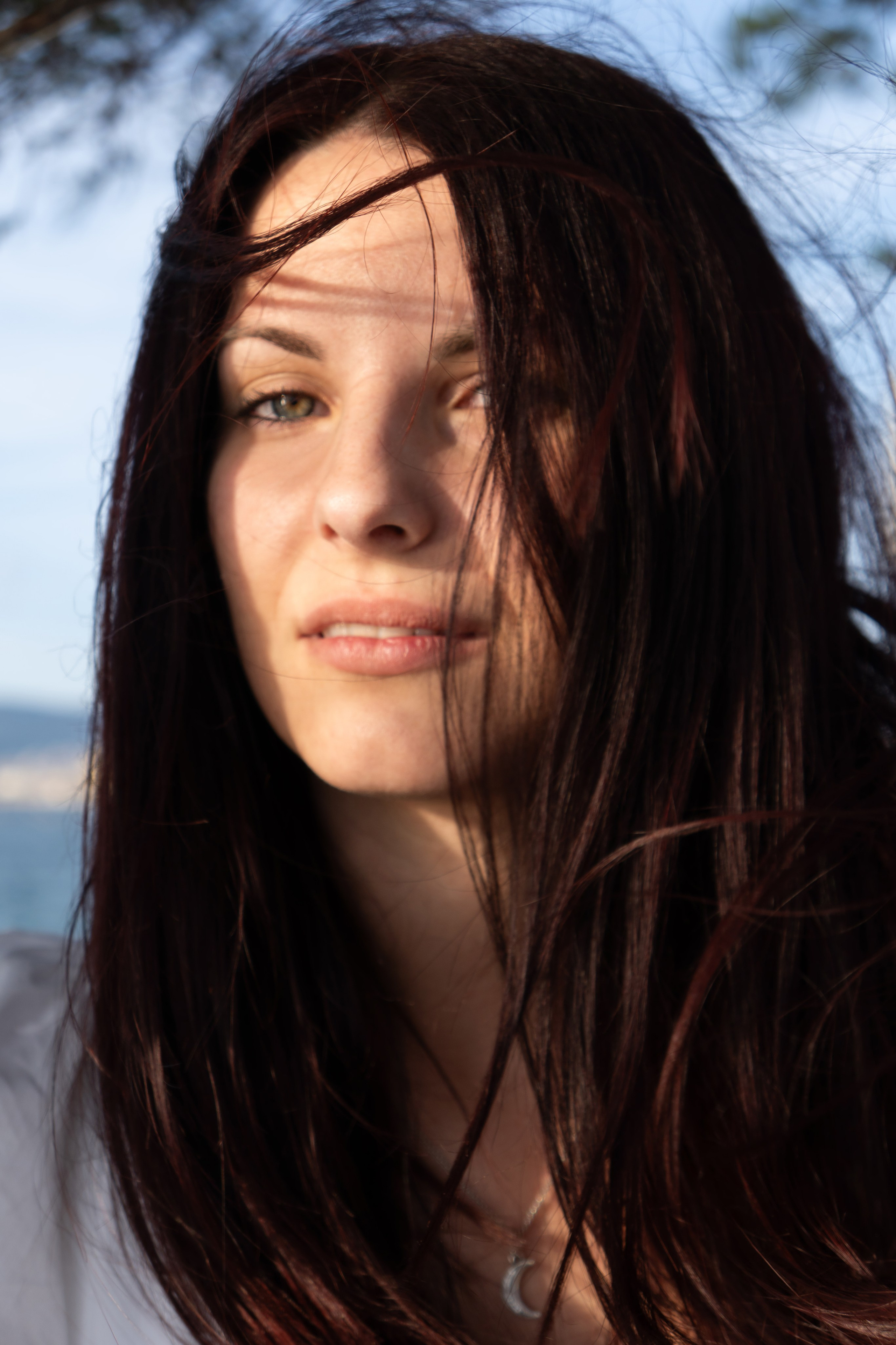 Ritratto di donna con lunghi capelli castani al vento, sotto la luce naturale.