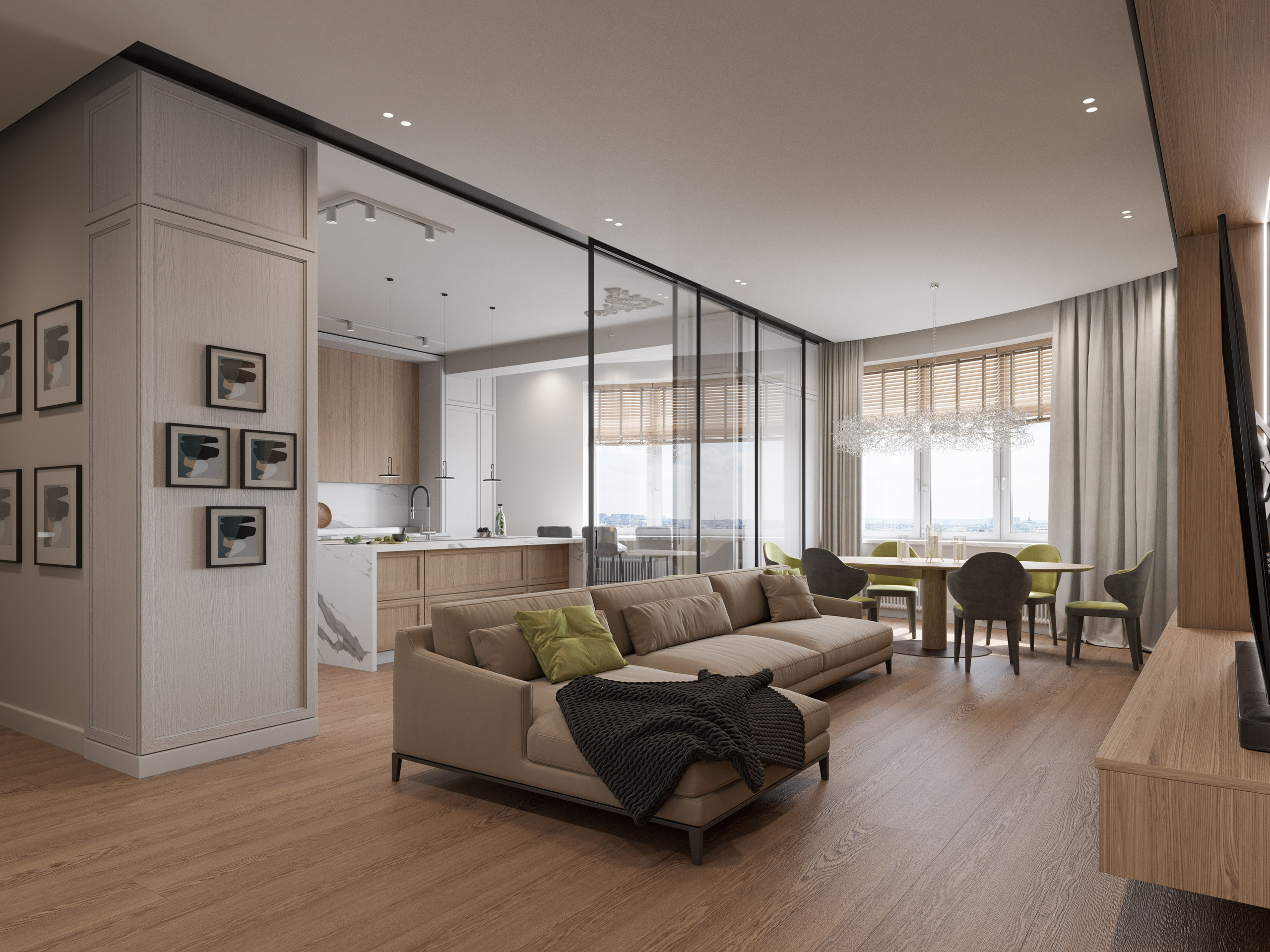 Просторная гостиная с лепниной на потолке и современной мебелью - 3D рендер