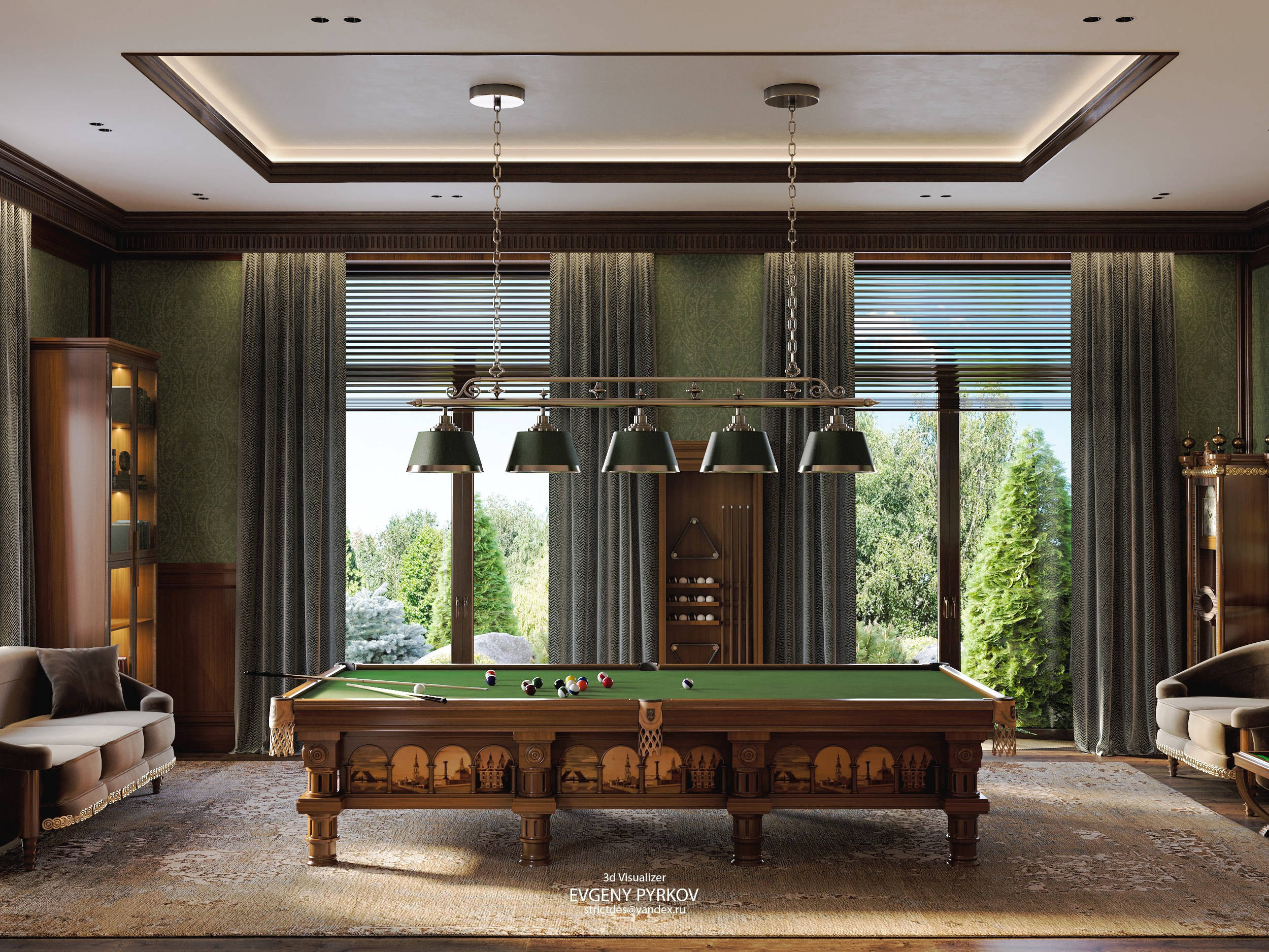 Рабочий кабинет с бильярдом в частном доме. Клиент Абасеева Нина. Евгений Пырков — 3d визуализатор интерьеров и экстерьеров России