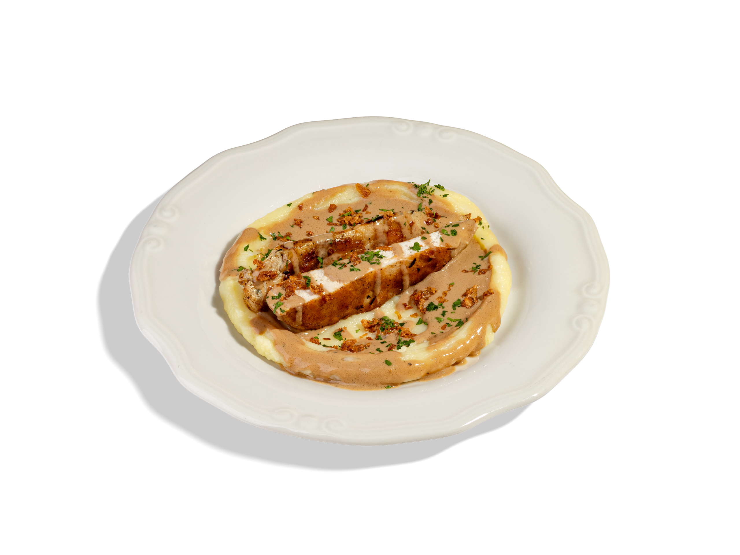 КУРИНАЯ ГРУДКА - ГРИЛЬ С КАРТОФЕЛЬНЫМ ПЮРЕ — 850Р. Куриное филе на гриле, картофельное пюре, дополняется сливочным соусом демиглас и луком фри.