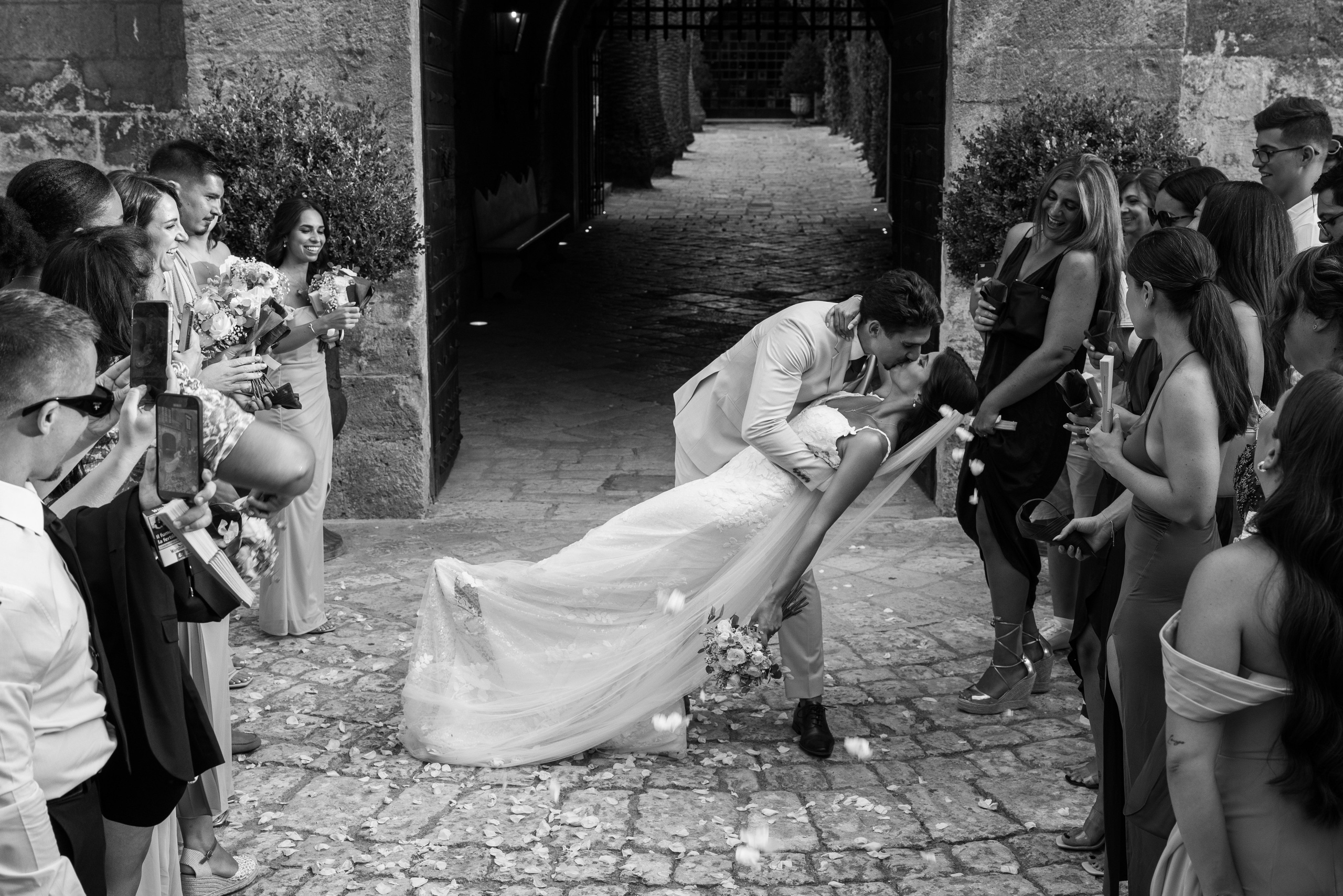 Documentary black and white wedding ceremony at a historic villa in Lake Como