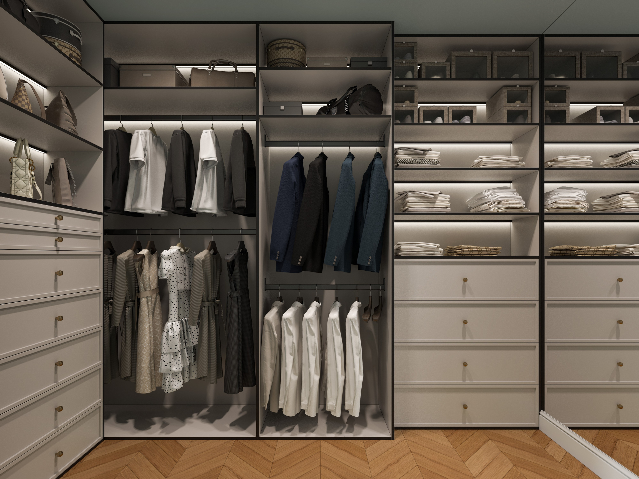 Гардеробная за бордовой портьерой с системой хранения и зеркалом - современная классика