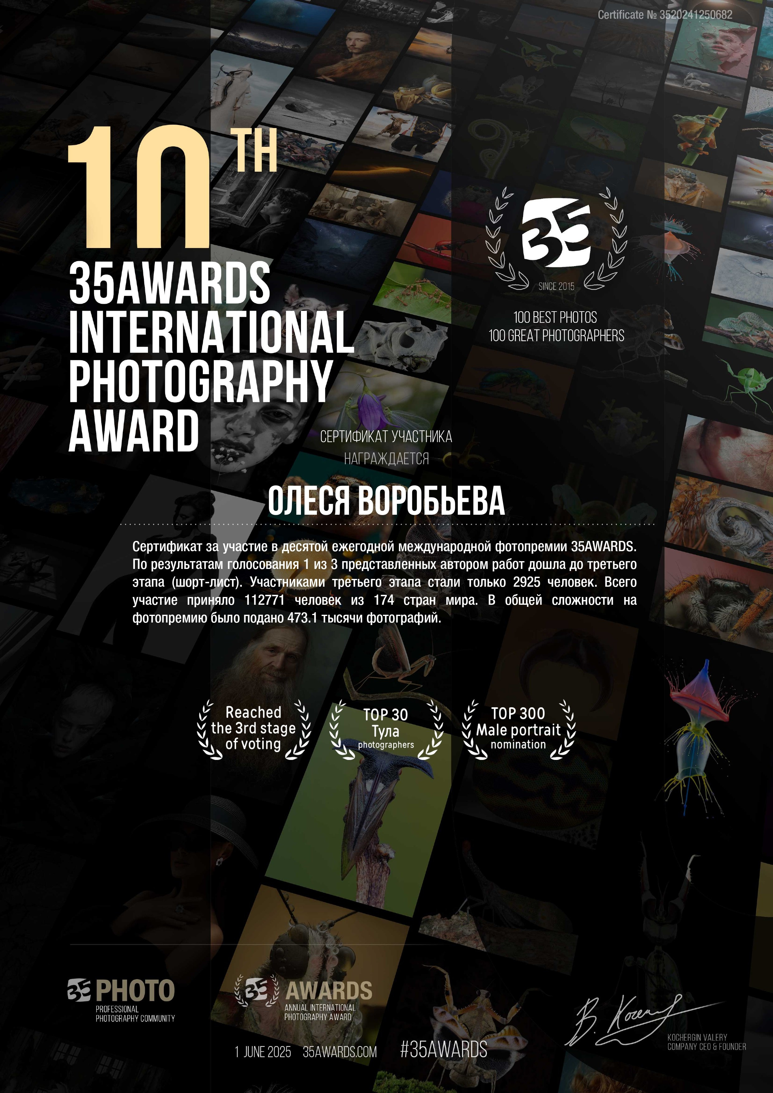 Награды. Фотограф в Туле. Воробьева Олеся