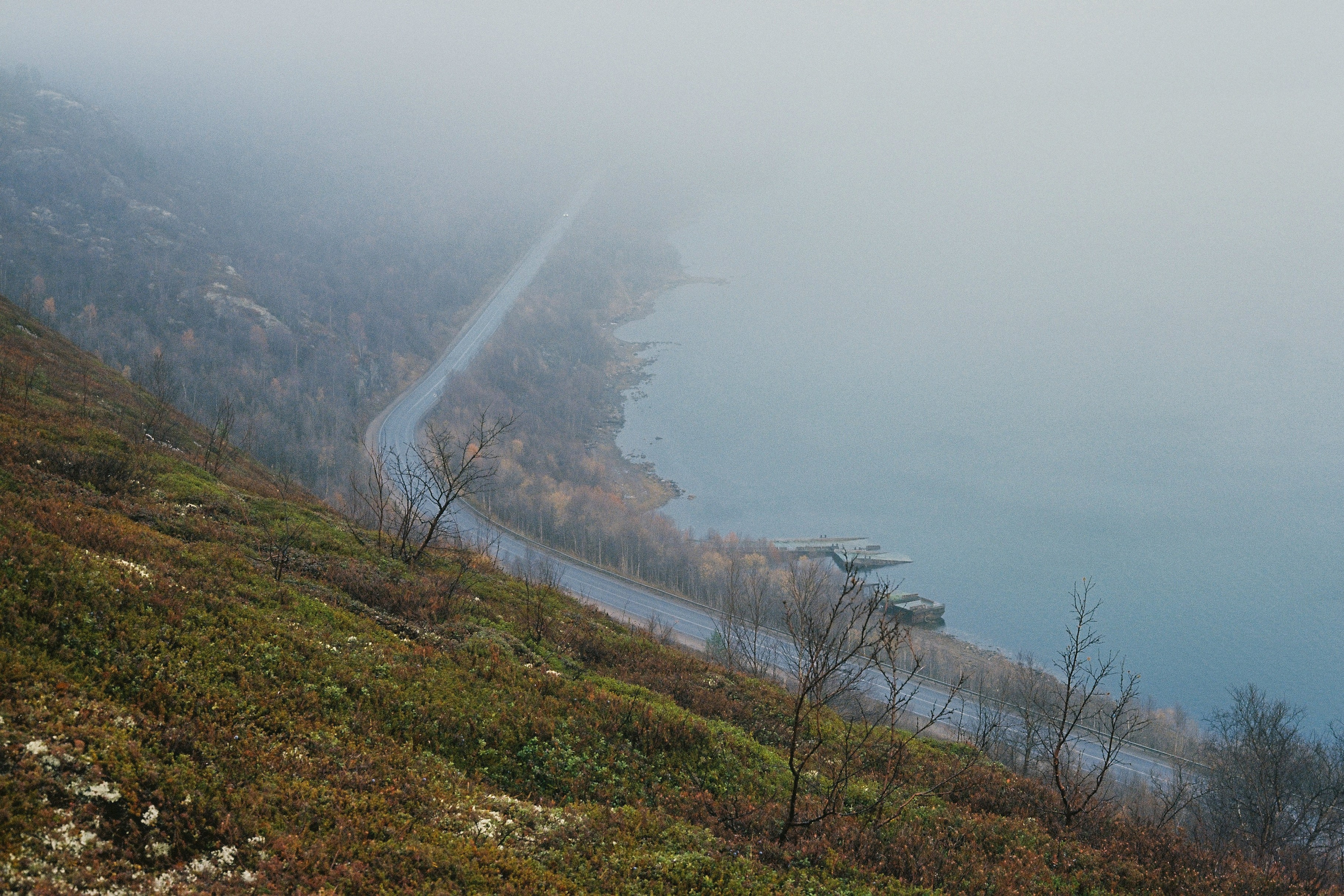 Туманный вид на шоссе вдоль Мурманского залива, Мурманск, Россия