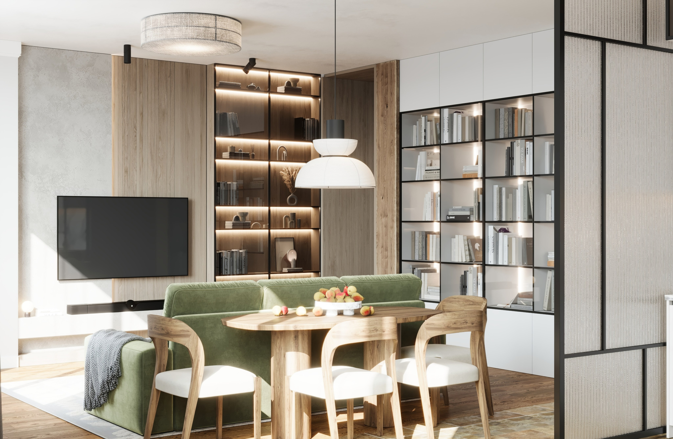 3д визуализация и интерьер гостиной