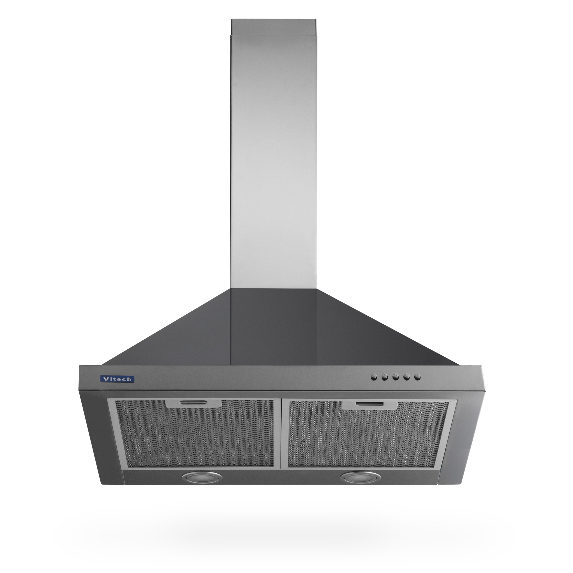 Каталожная фотосъёмка настенной кухонной вытяжки Vitech в чёрном и серебристом корпусе, фронтальный вид, для маркетплейсов и презентаций бренда.