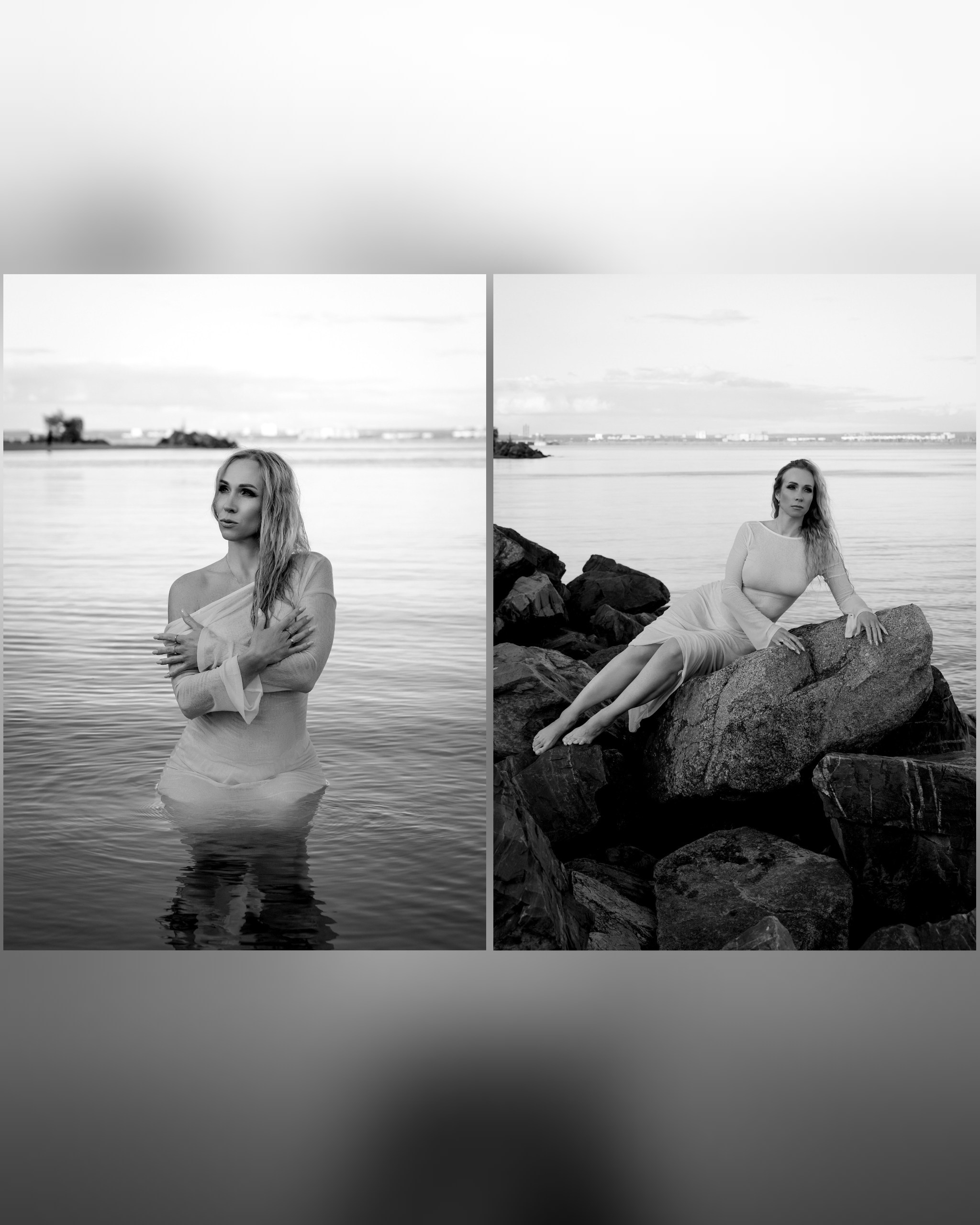 девушка в пляжном прозрачном платье на камнях в воде