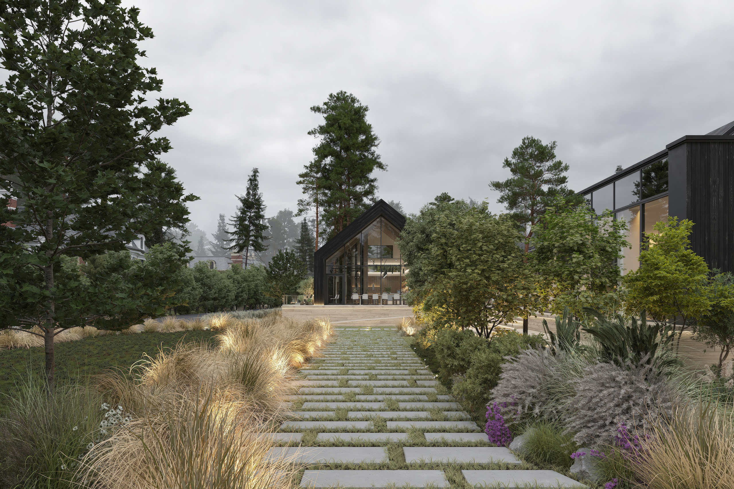 Визуализация ресторана в лесу, костровая зона, вечернее освещение, деревянная архитектура