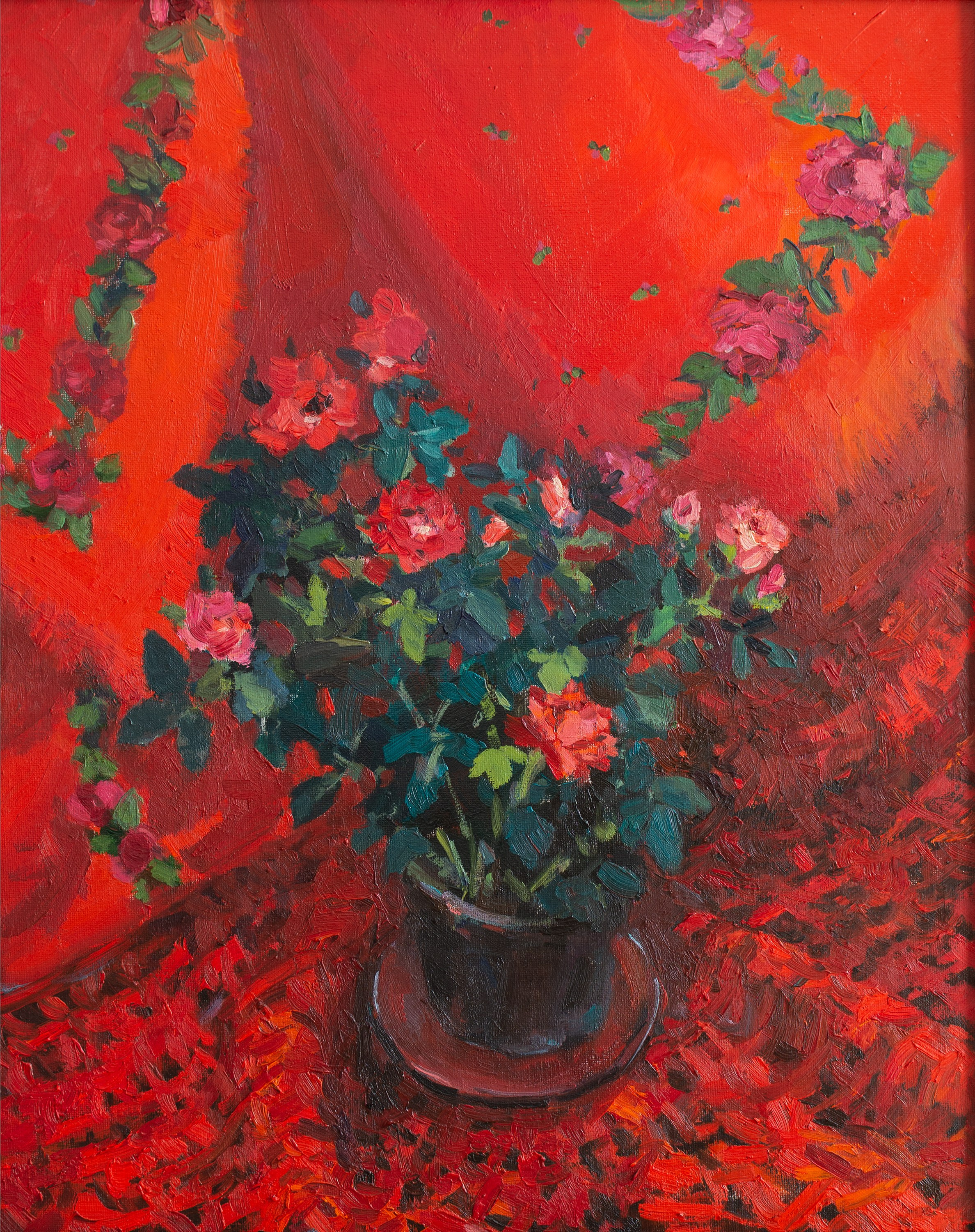"Букет на красной шали" холст на картоне, масло 50х40см, 2024