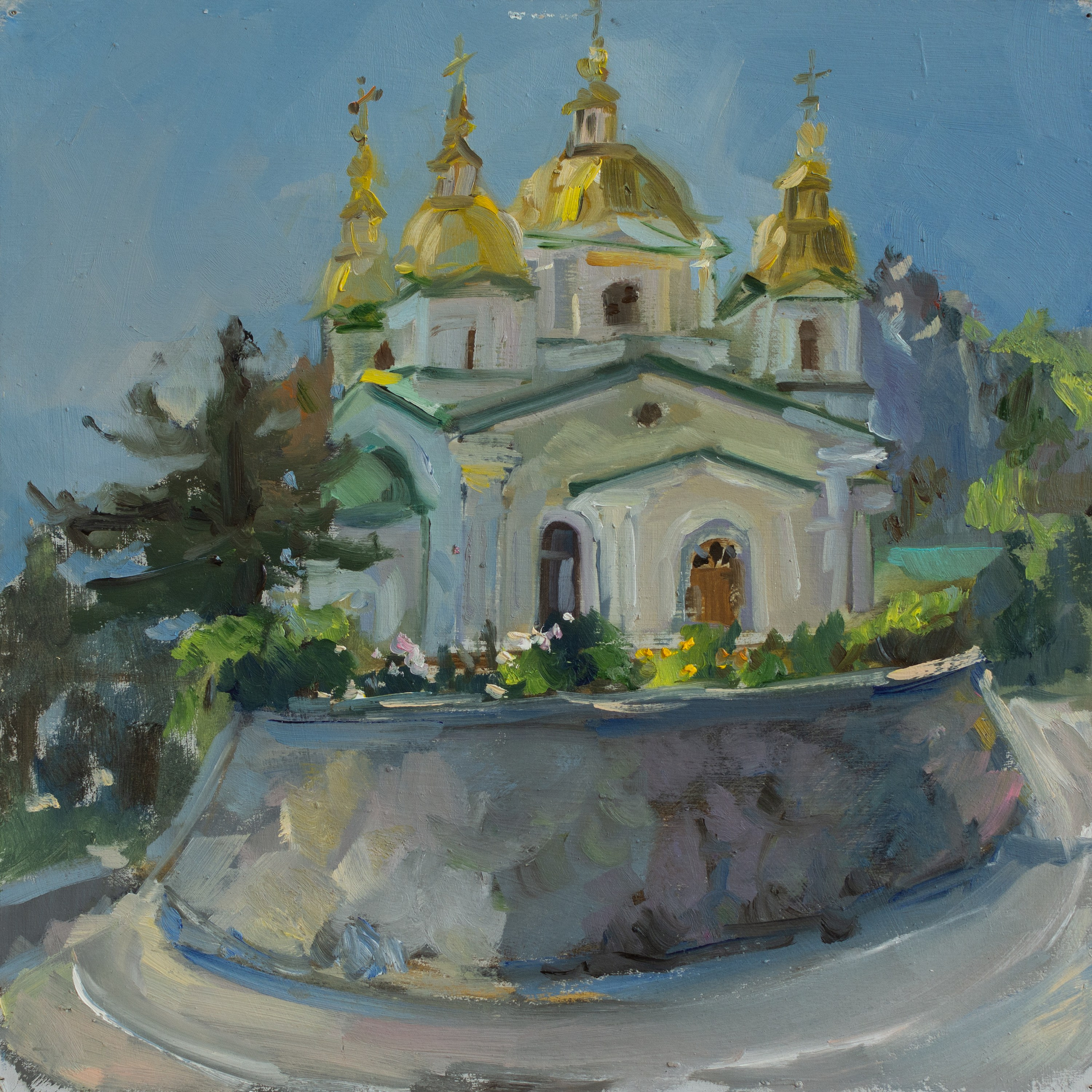 "Этюд. Храм Архистратига Михаила"  картон, масло 30х30см, 2024
