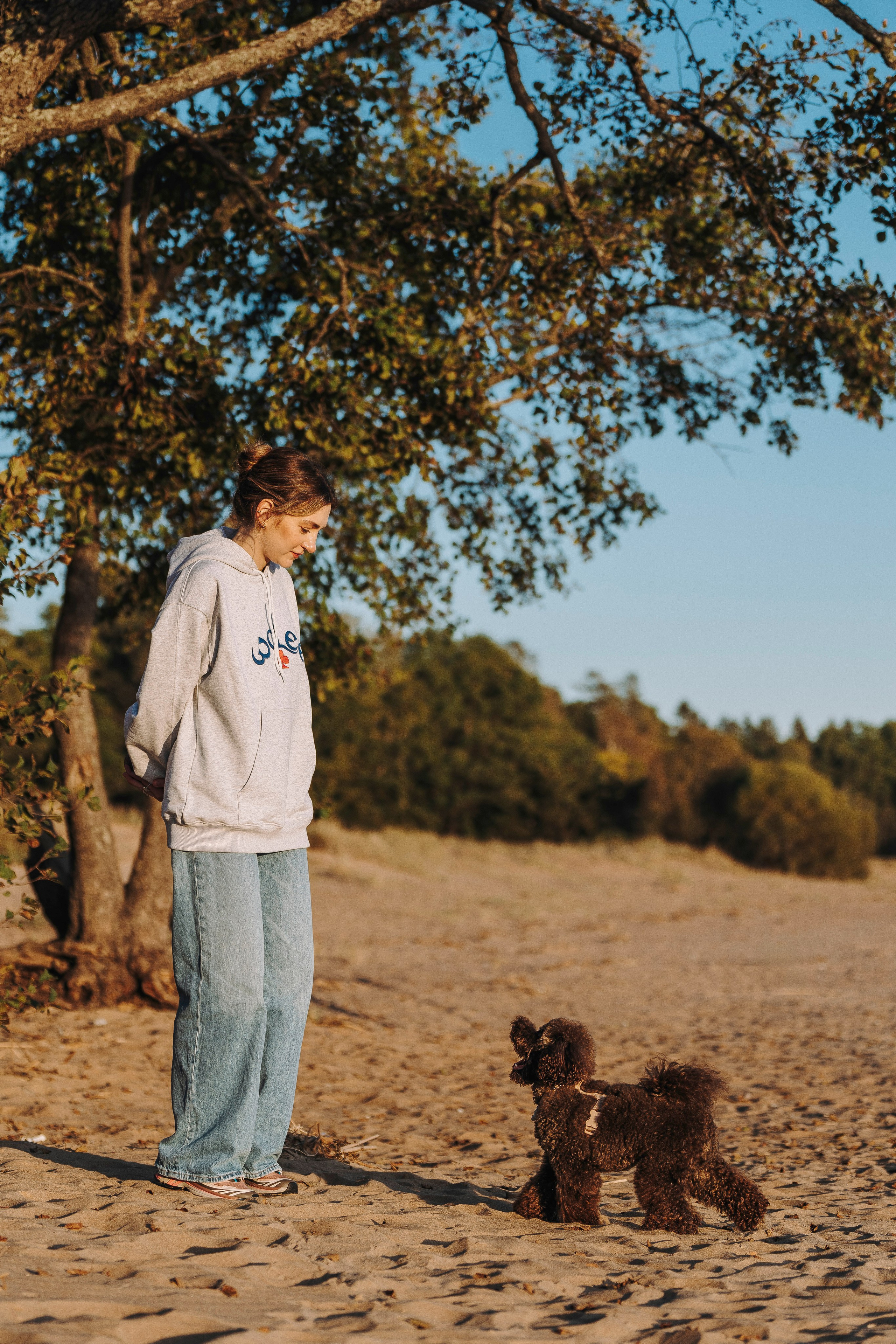 Фотосессия девушки с пуделем на пляже на закате. Фотограф анималист в Спб недорого Олеся Майорова