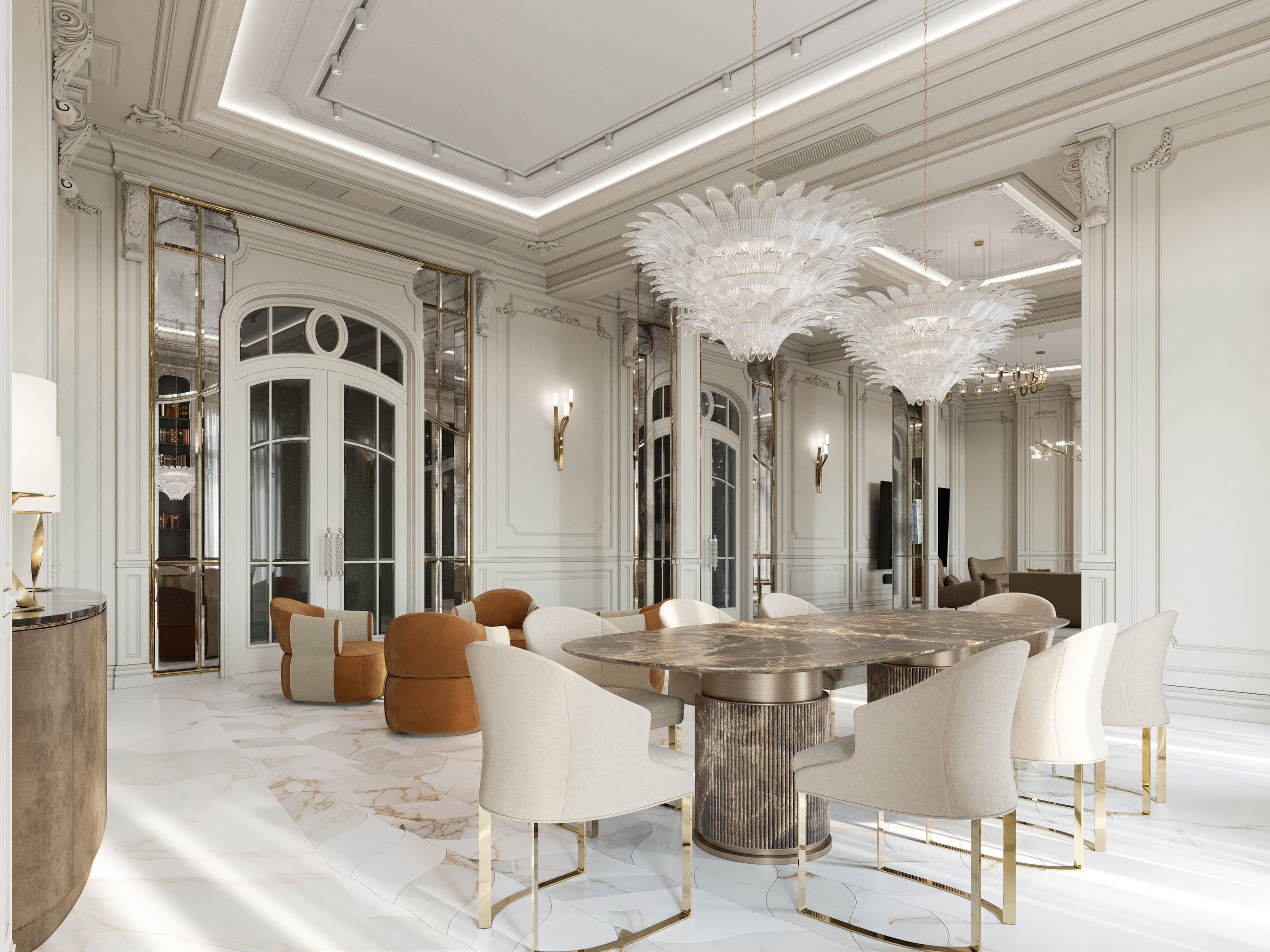 Зона столовой с современными стульями и классической буфетной зоной с лепниной