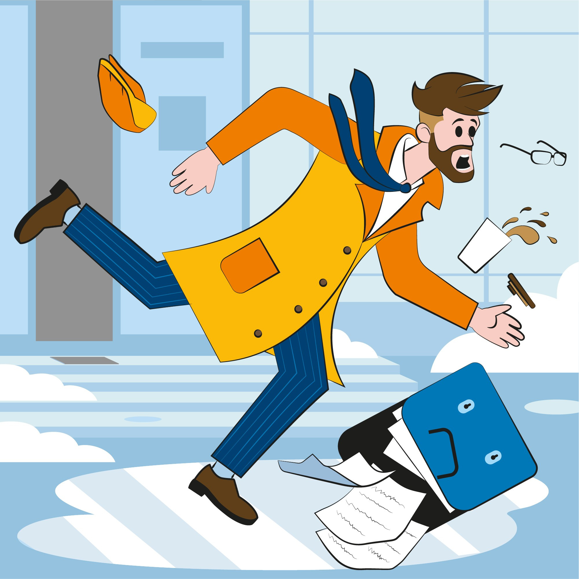 мужчина смешно падает в гололед, вещи разлетаются по сторонам. комикс