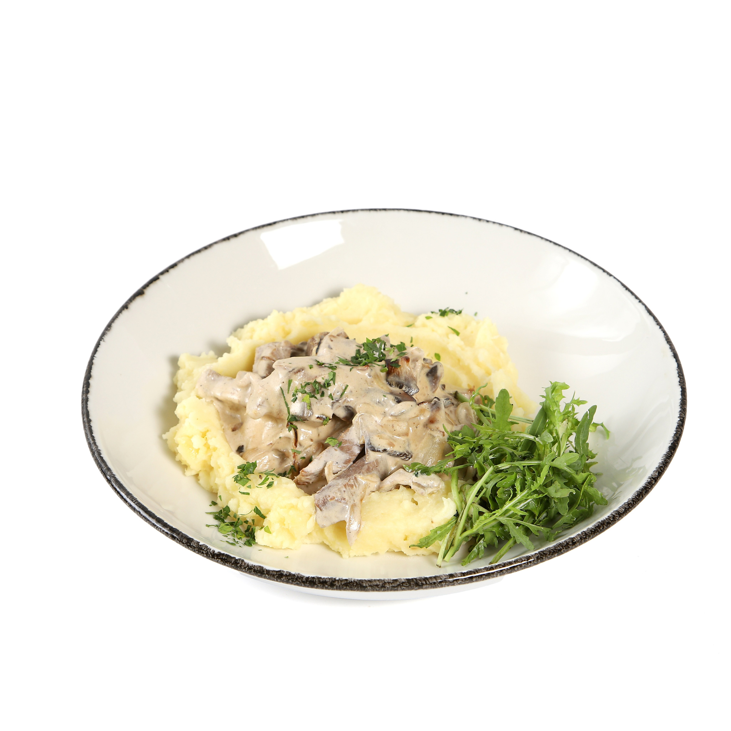 Фуд-фотография пюре с грибами в сливочном соусе.