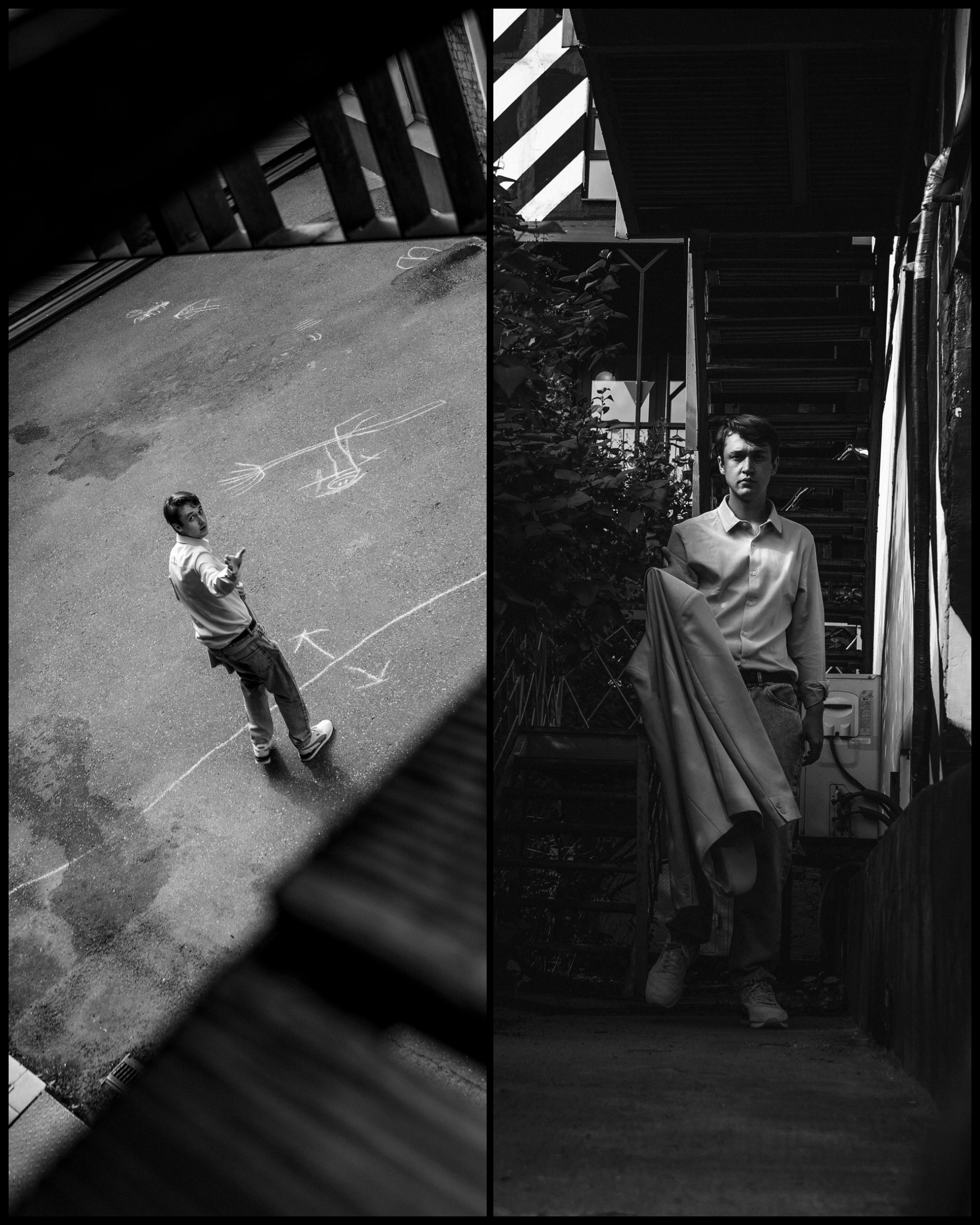 уличные чб фото парня в рубашке