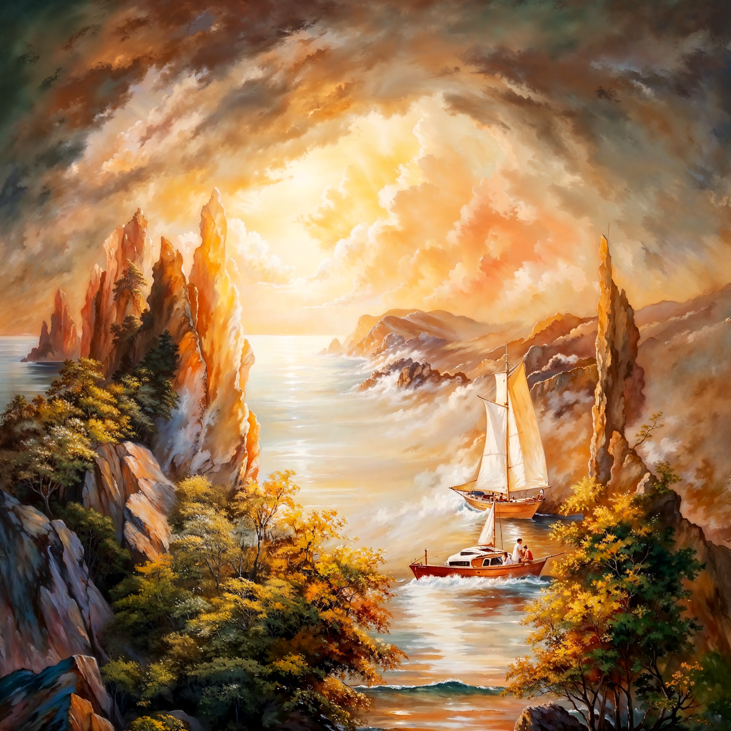 Парусник на фоне гор и сияющего неба, пейзаж, складывающийся в лицо, создан по мотивам Олега Шупляка. Оптическая иллюзия, объединяющая природу и портрет в единую метафору.