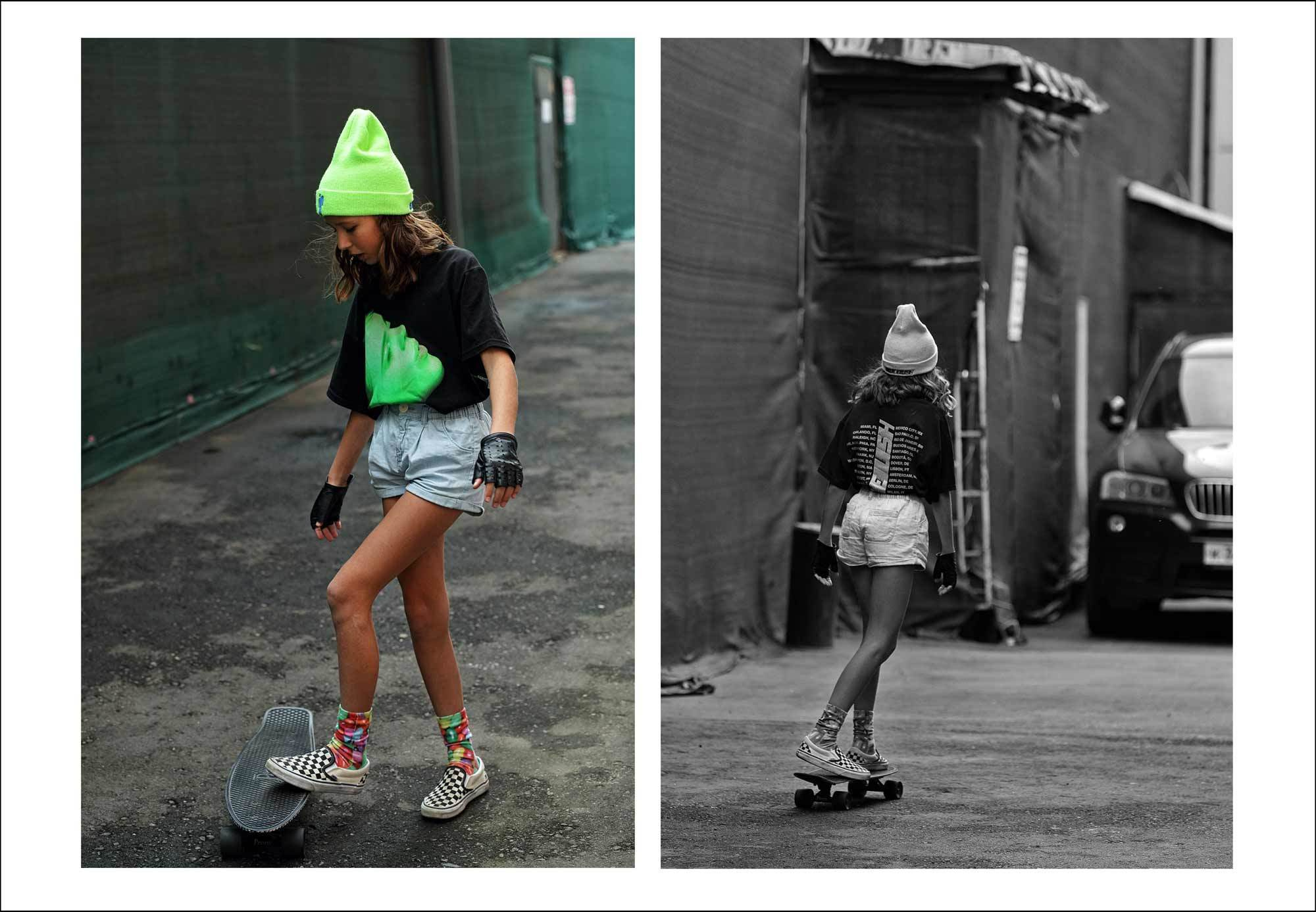 фотосессия со скейтом и без колы, девочка на скейте, фотографии детской моды
