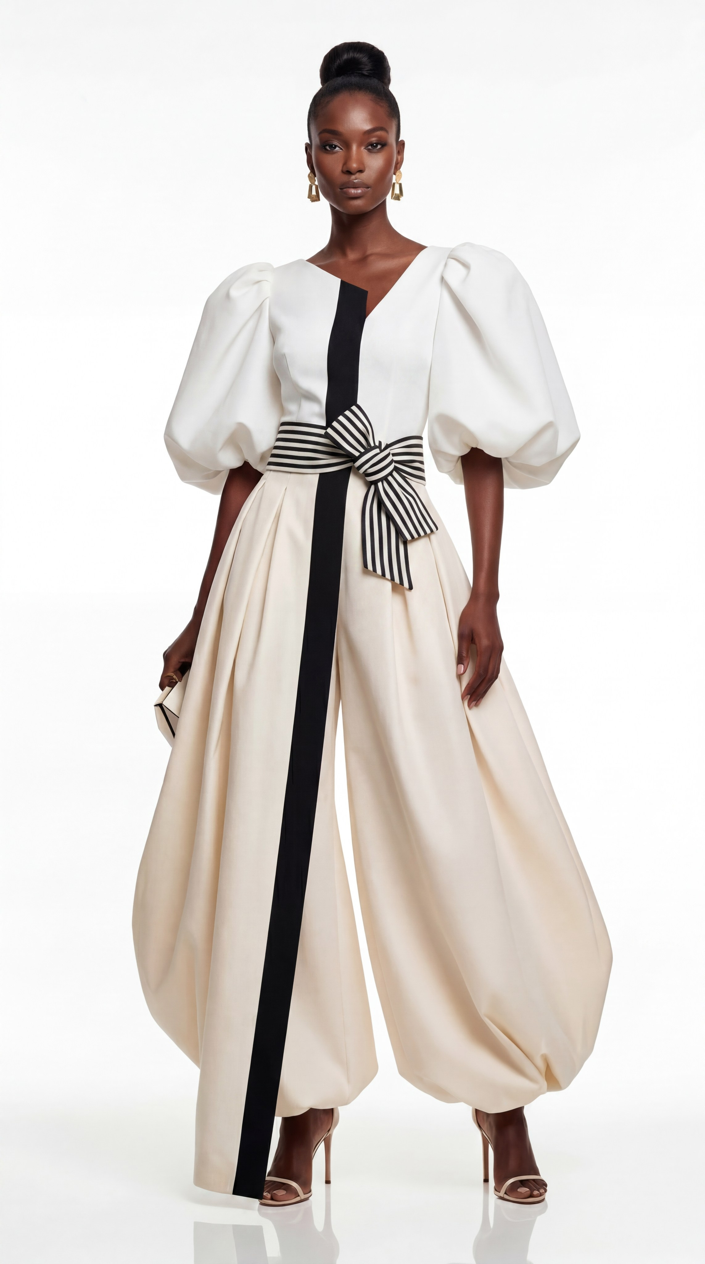 Студийный портрет в стиле AI-фото, модель в объемном белом платье