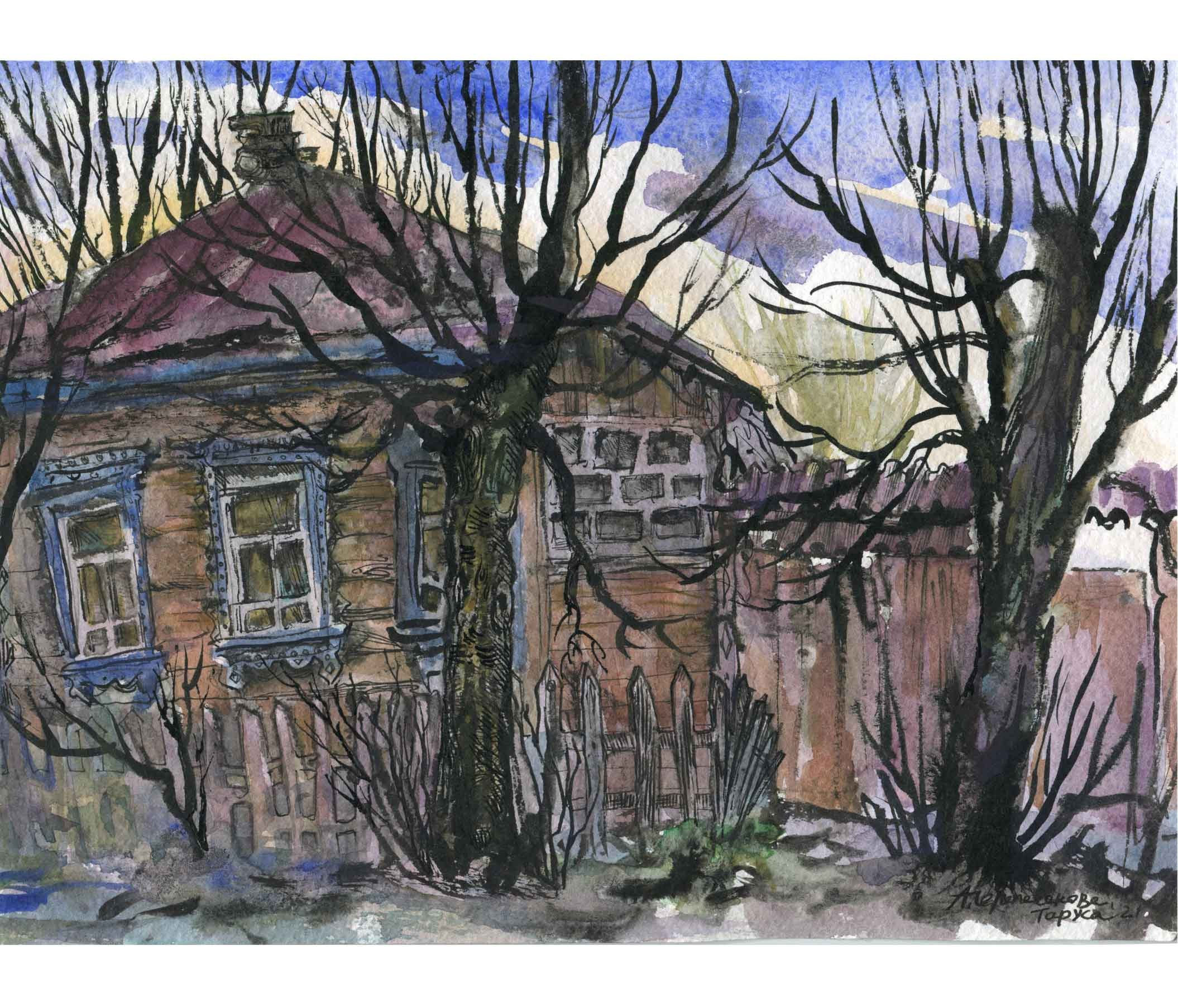 ДОМ ЗАБОЛОЦКОГО. ТАРУСА. тушь, акварель графика художник Перепеченова Анна
