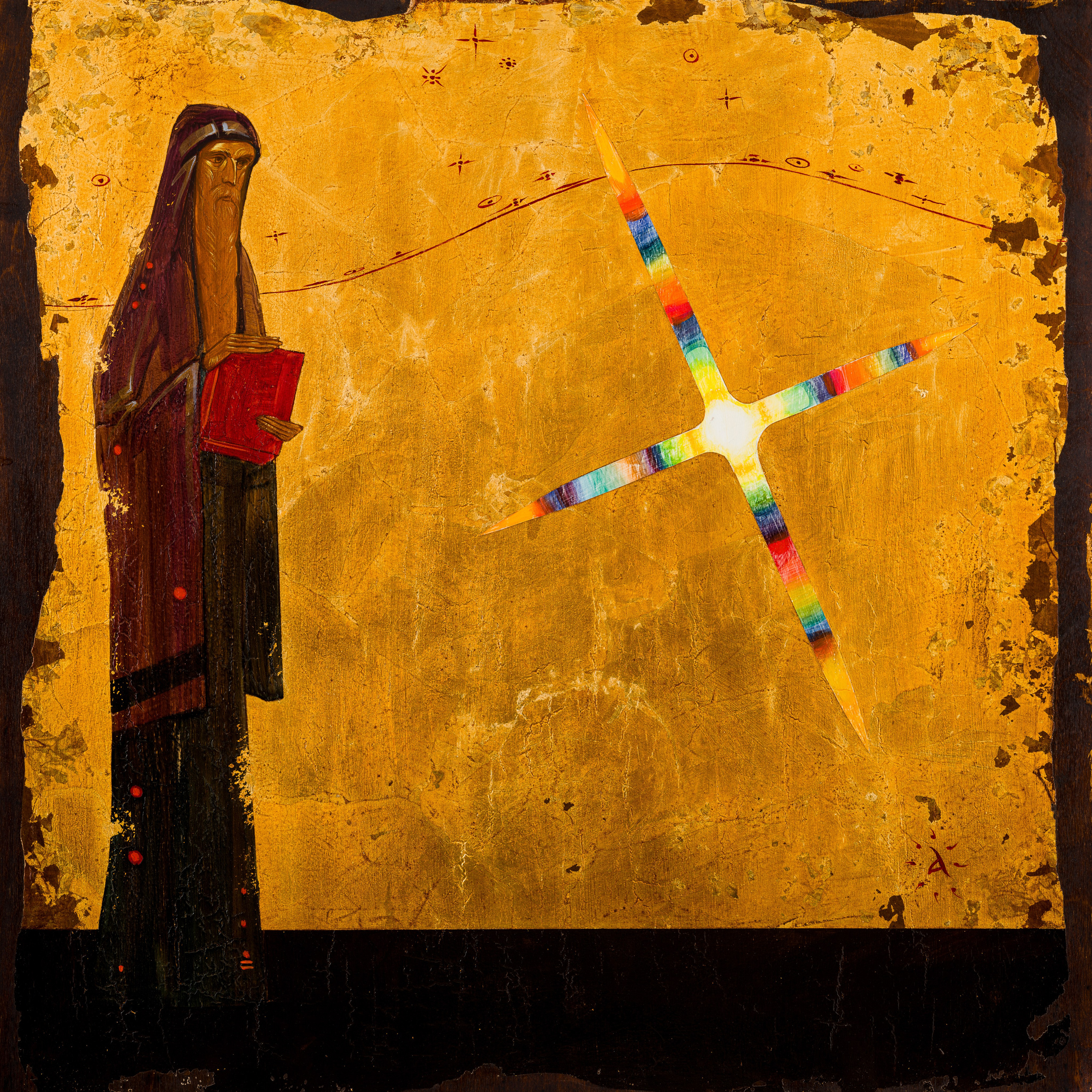 «Старт звездолёта» - художник Антон Фролов (дерево, темпера, поталь, масляная патинация, 65х65см, 2024)