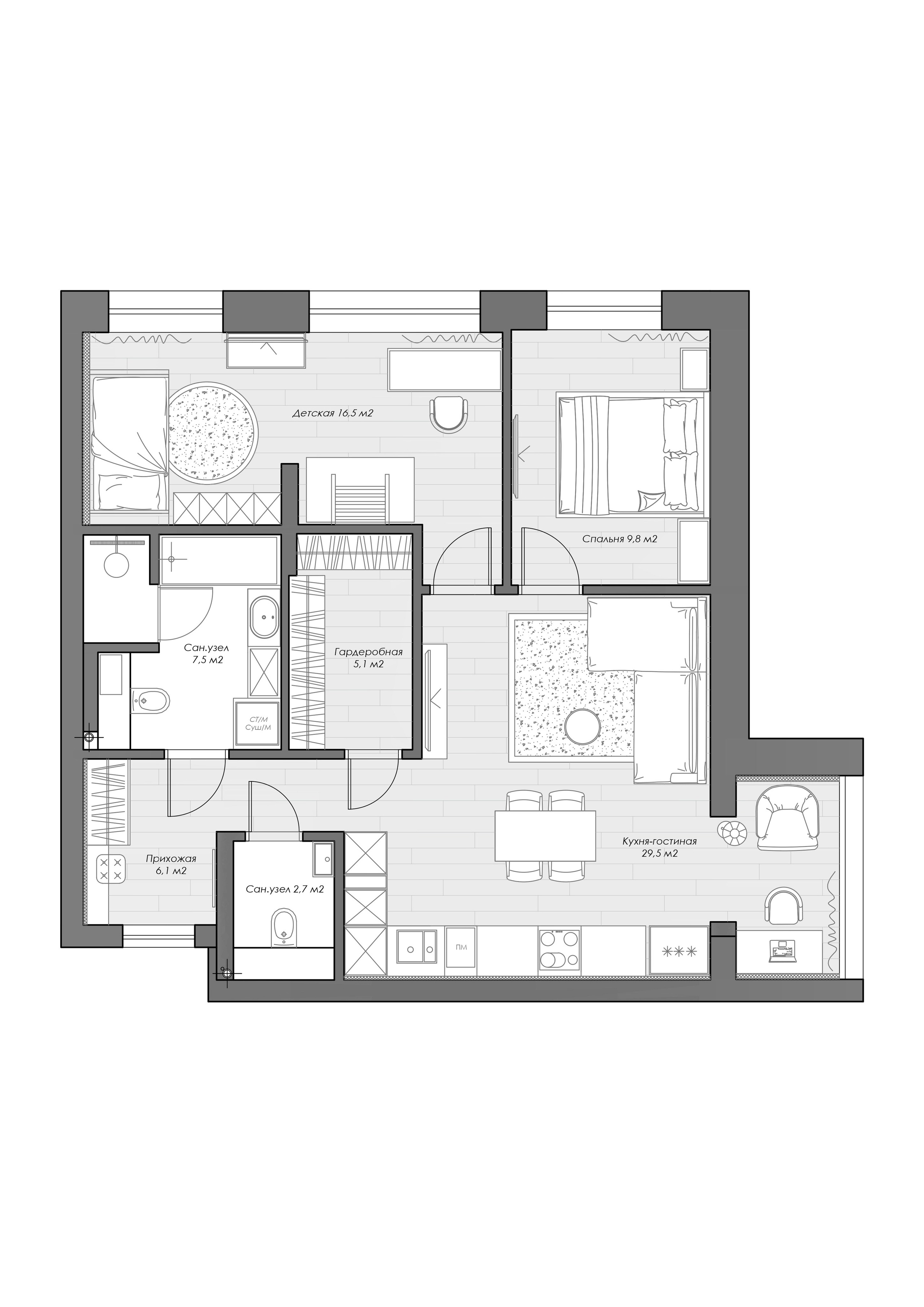 ЖК Лесной Квартал 81.7 кв.м. Дизайн интерьера, 3D-визуализация Владивосток