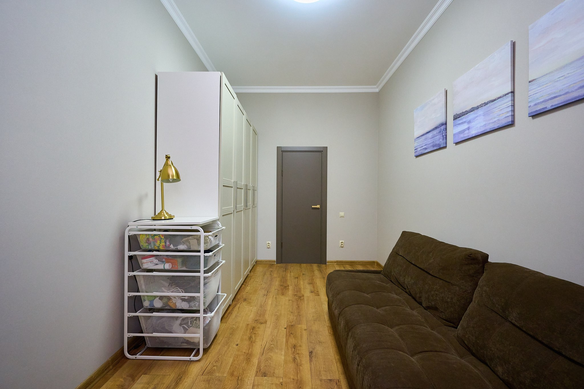 комната коричневый диван серая дверь белый шкаф 