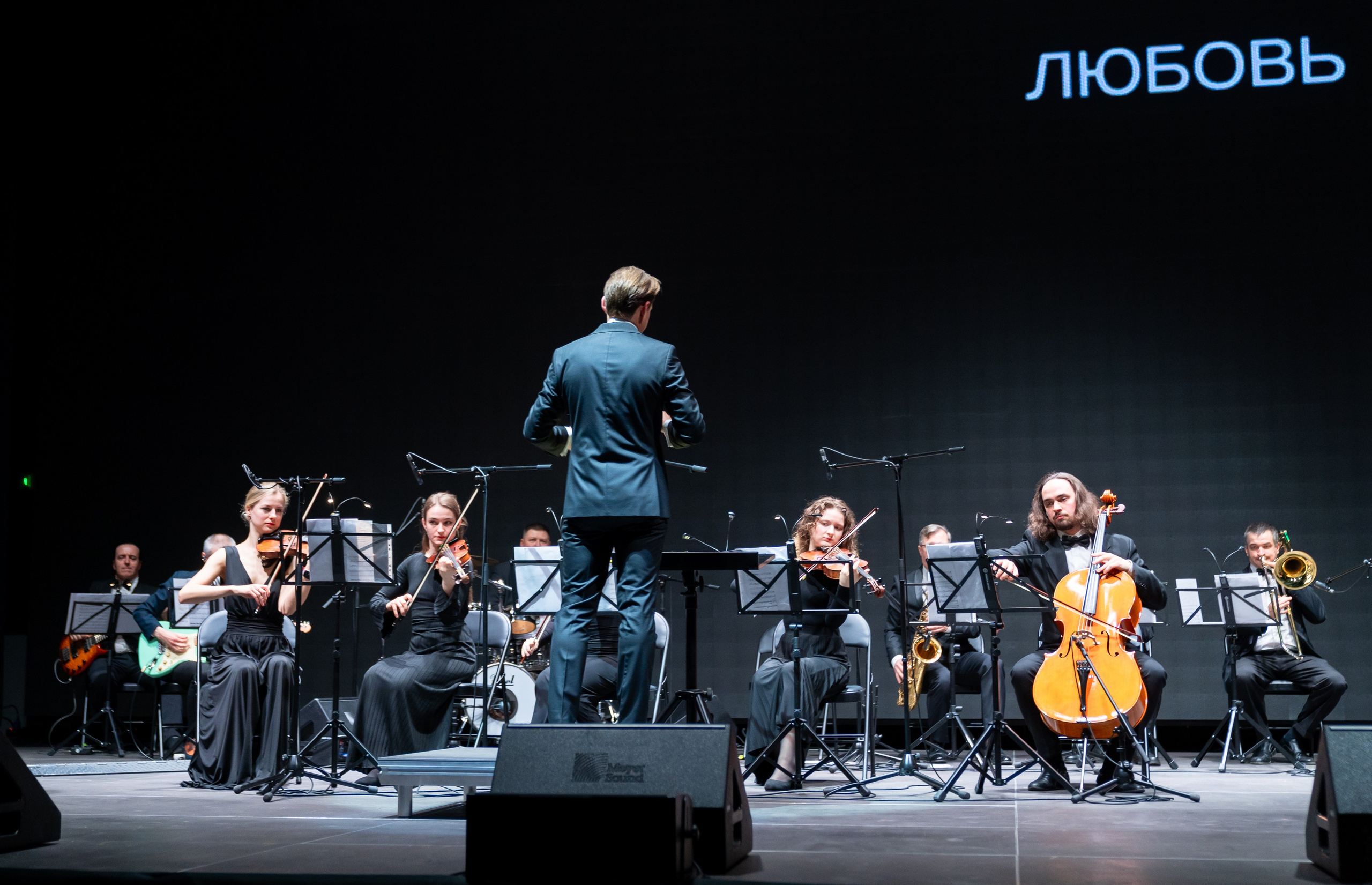 Дирижёр и камерный оркестр на концерте в честь Дня местного самоуправления в Санкт-Петербурге. Выступление на большой сцене. Автор фото — Евгений Мальцев (evrednix.ru).
