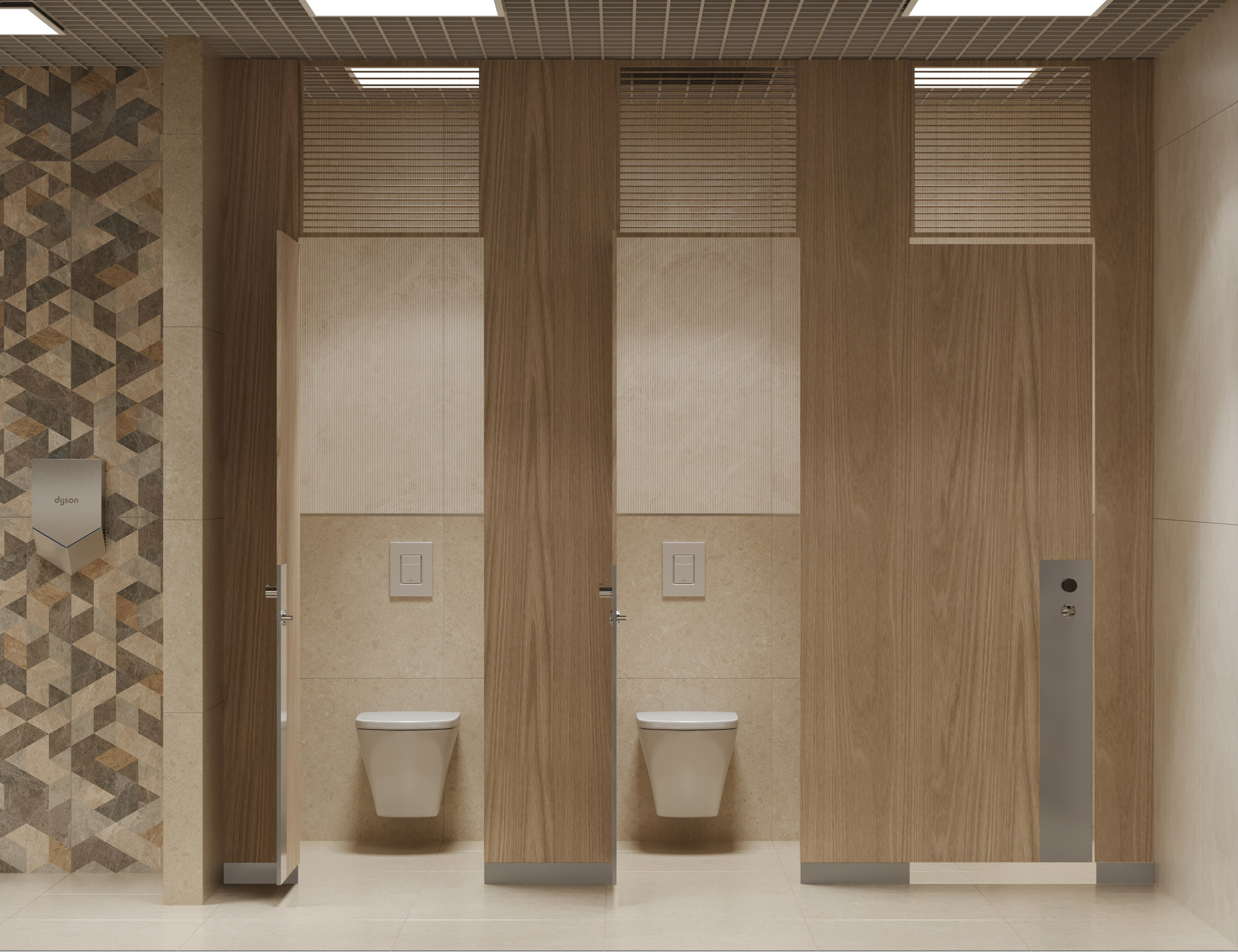 Вид туалетных кабинок с дверями под дерево и подвесными унитазами