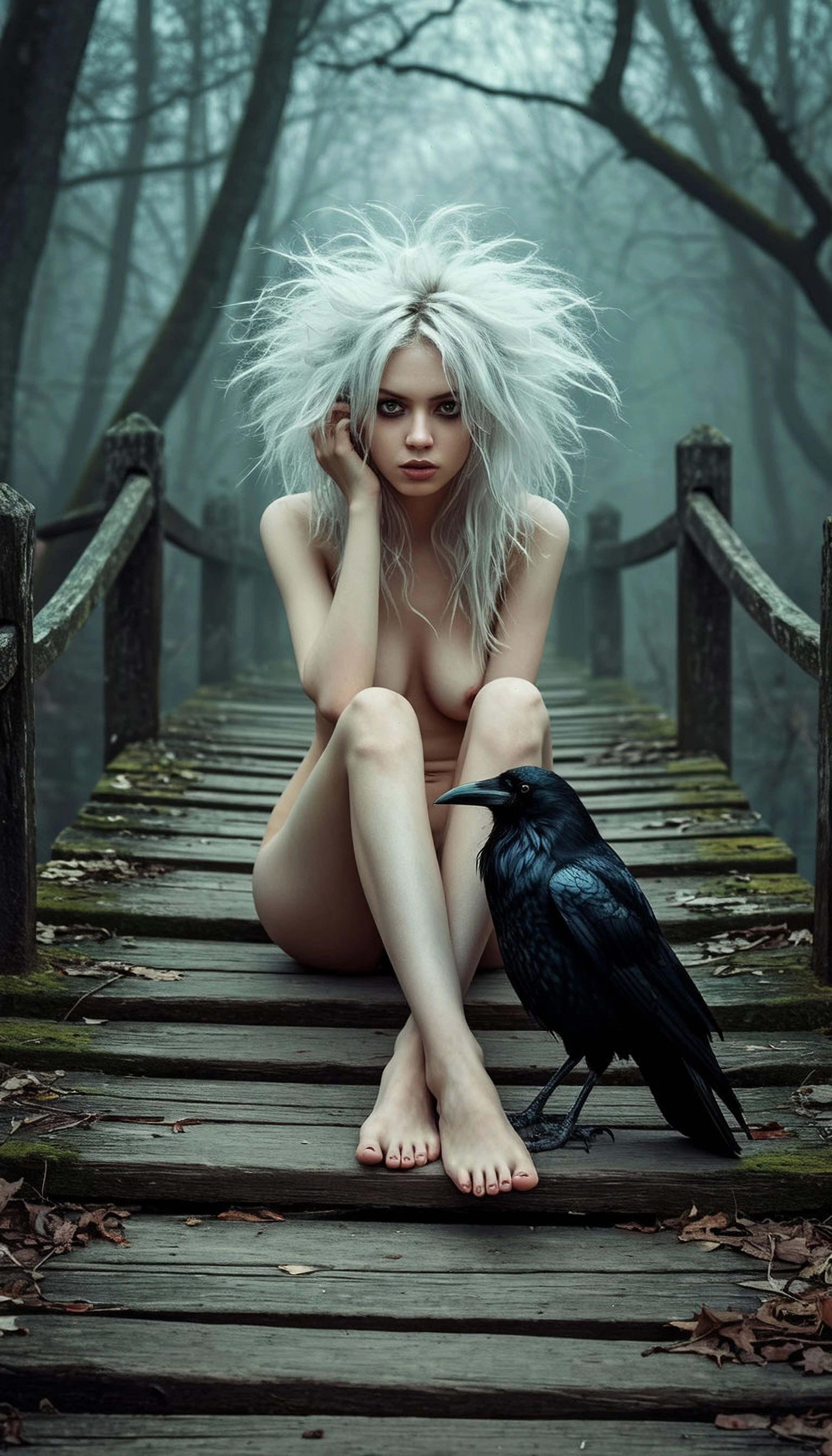 Обнаженная девушка с с вороном в стиле Тима Бертона