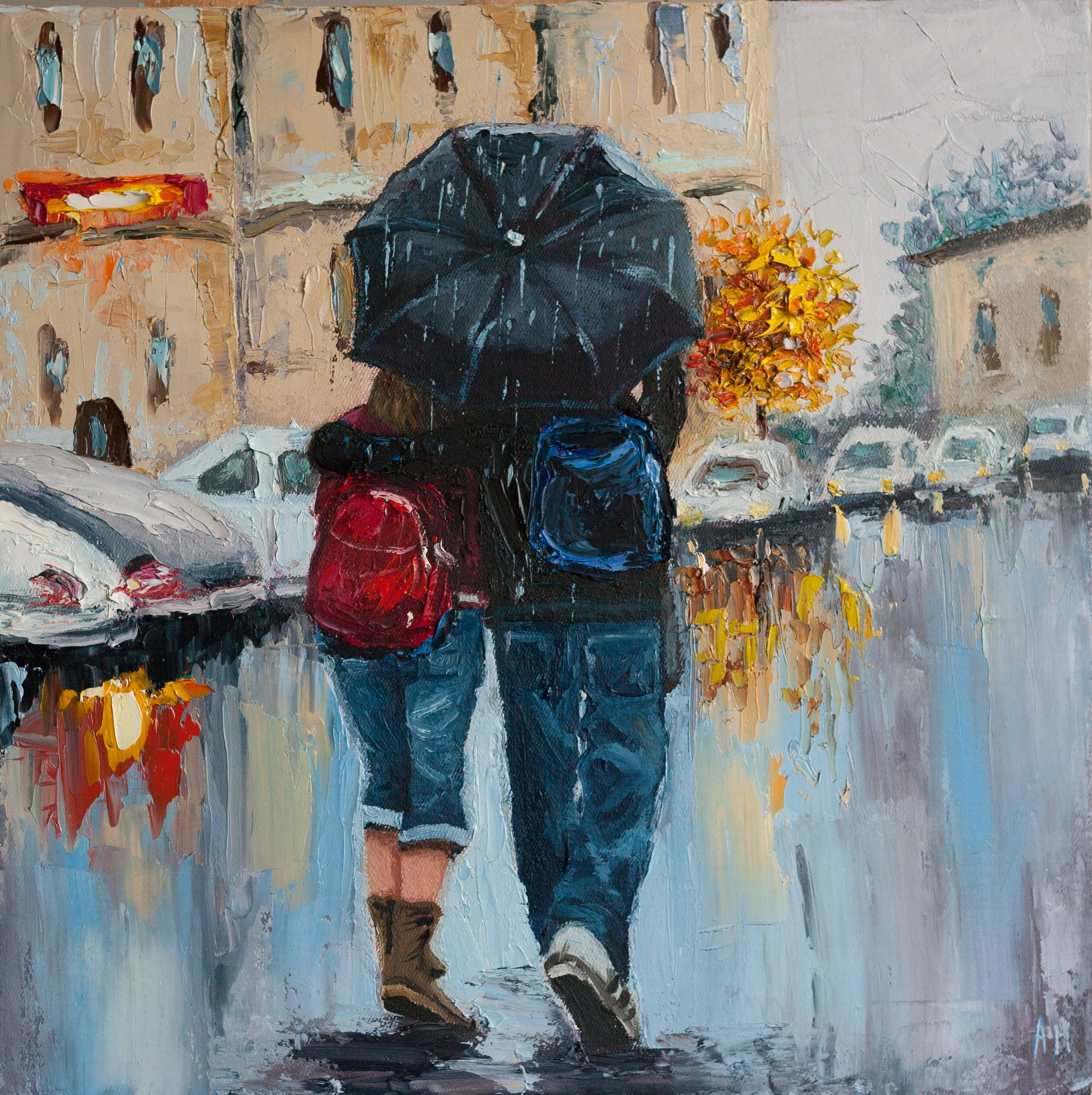 Купить картину маслом в Саратове романтическая пара под зонтом