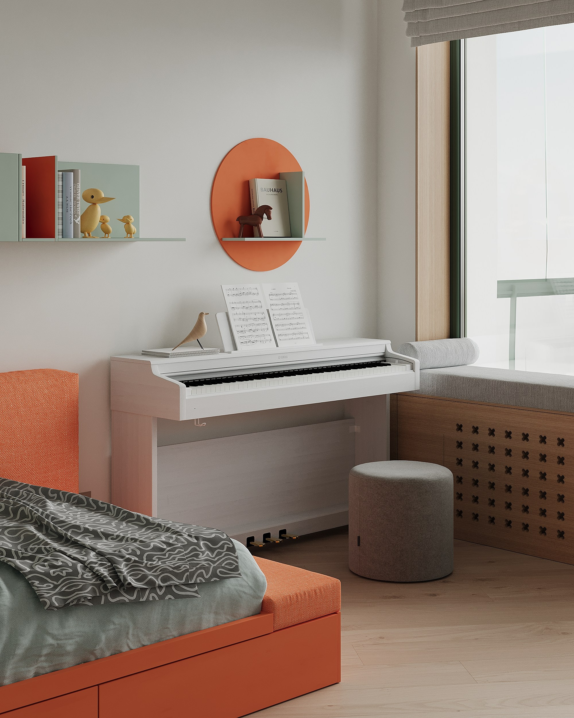 Детская. Яркая детская. Комната подростка. Минмализм. Светлый интерьтер. Яркий цвет. Минималистичная спальня. Дизайн интерьера. современный стиль, минимализм, функционализм, скандинавский стиль, interior design, minimalism