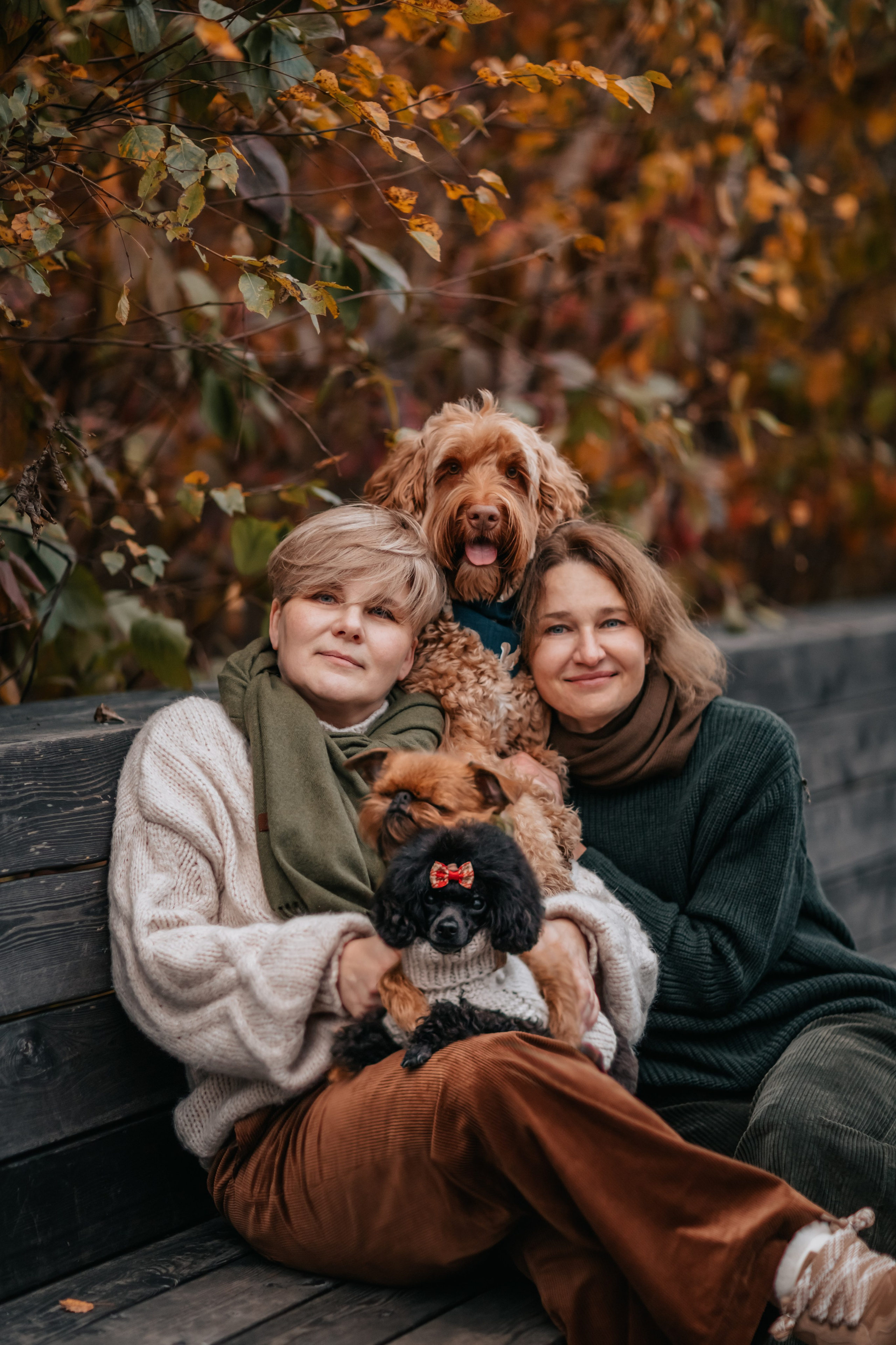 Алла, Евгения, Чаплин, Лиза и Дюшес, осенняя прогулка. Семейный фотограф анималист Мария Крючкова