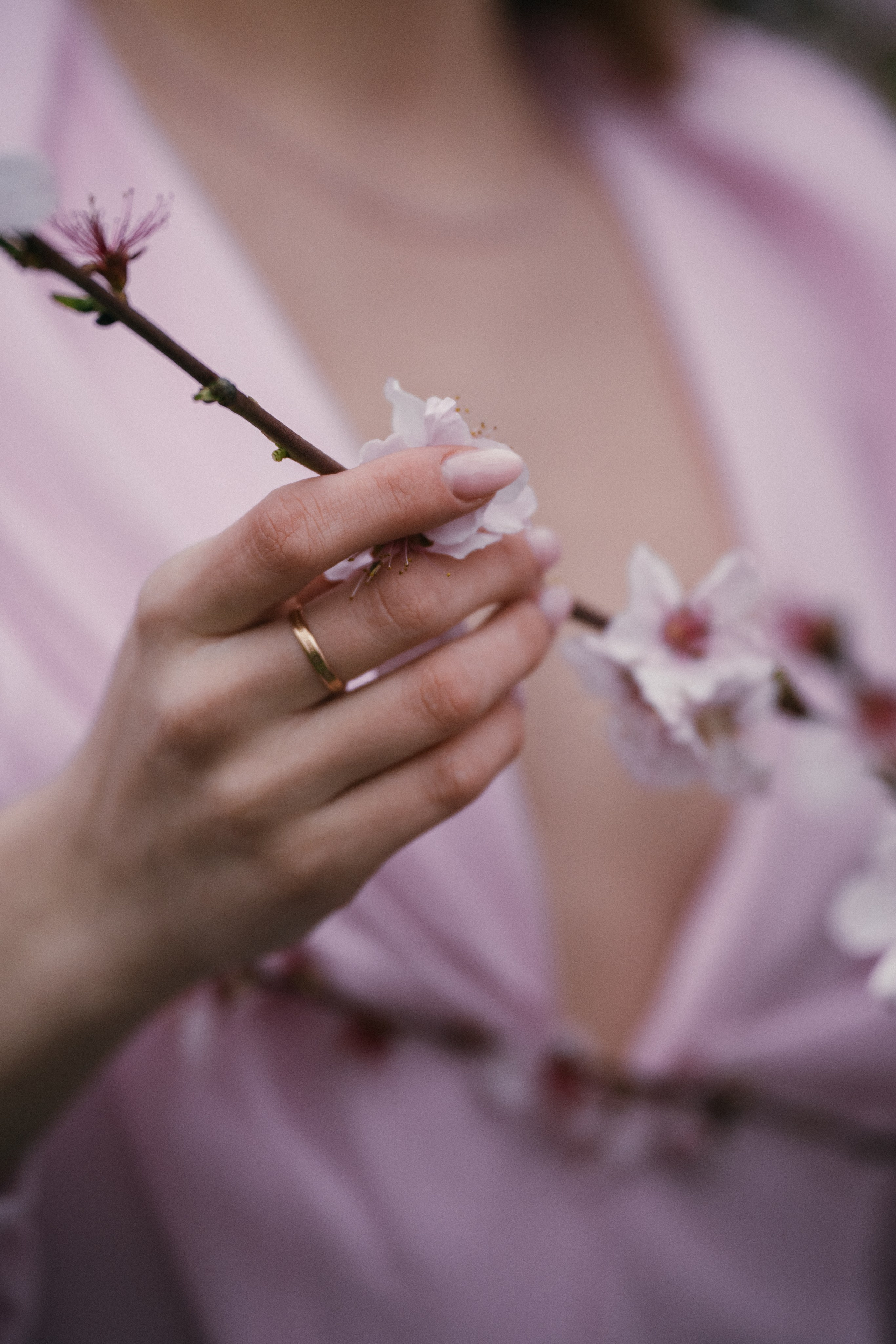 Девушка-фея в розовом платье среди лепестков и цветущих ветвей