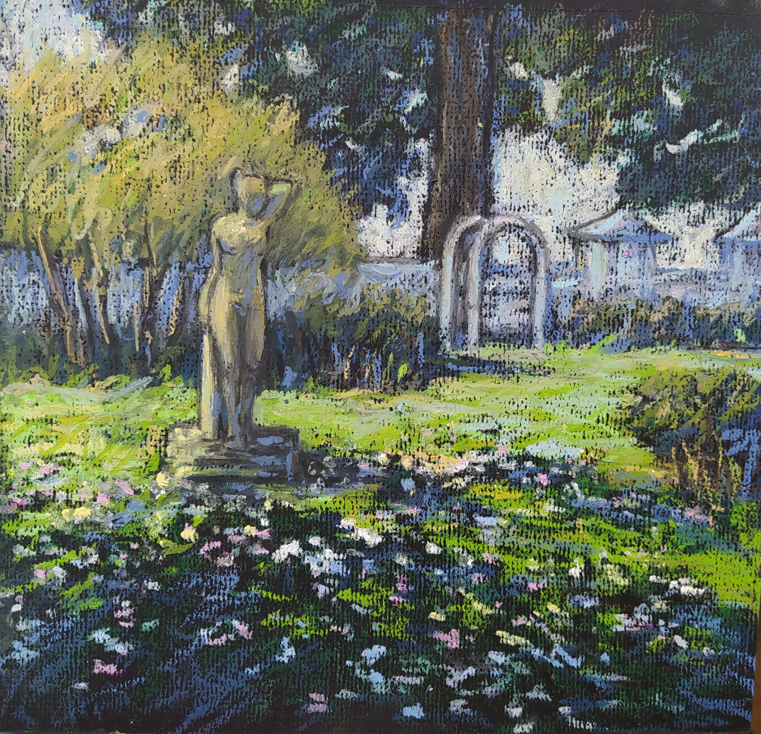 Пейзаж масляной пастелью, рисунок - Женская скульптура в летнем саду