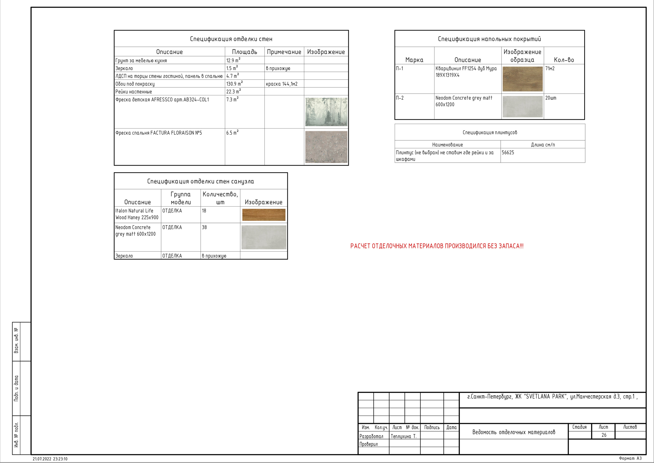 ведомость отделки чистовыми материалами